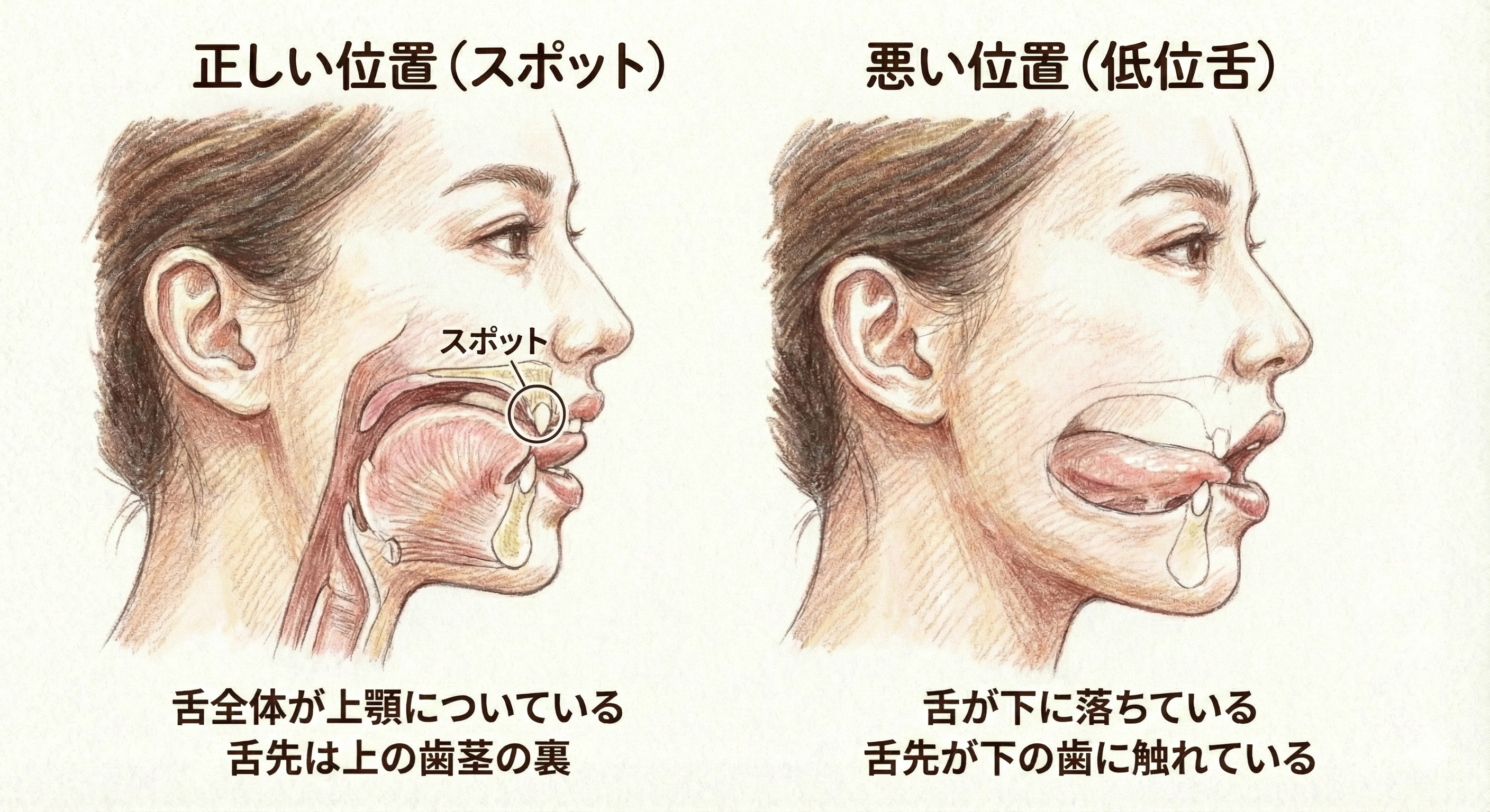 舌の正しい位置（スポット）と悪い位置の比較図