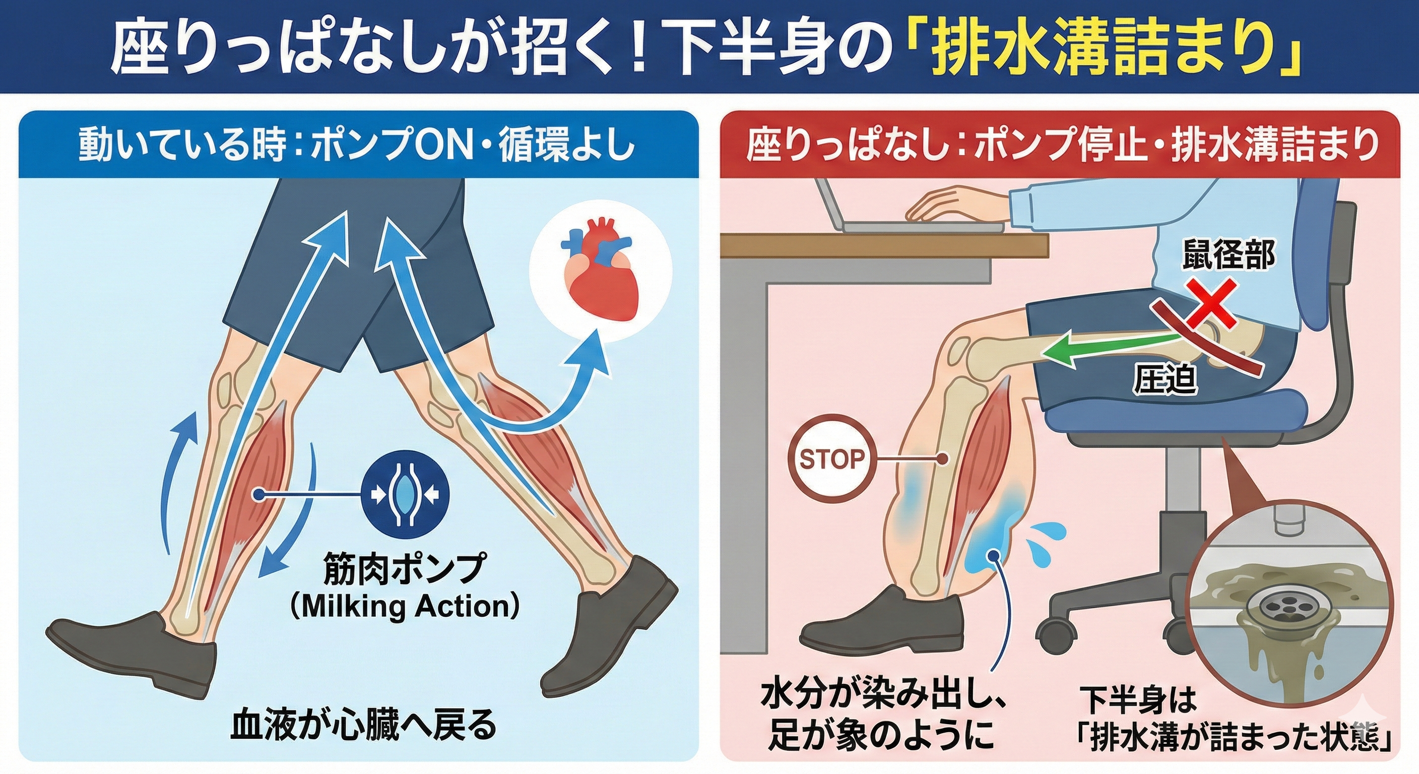 ふくらはぎの筋肉ポンプ作用と静脈還流の図解