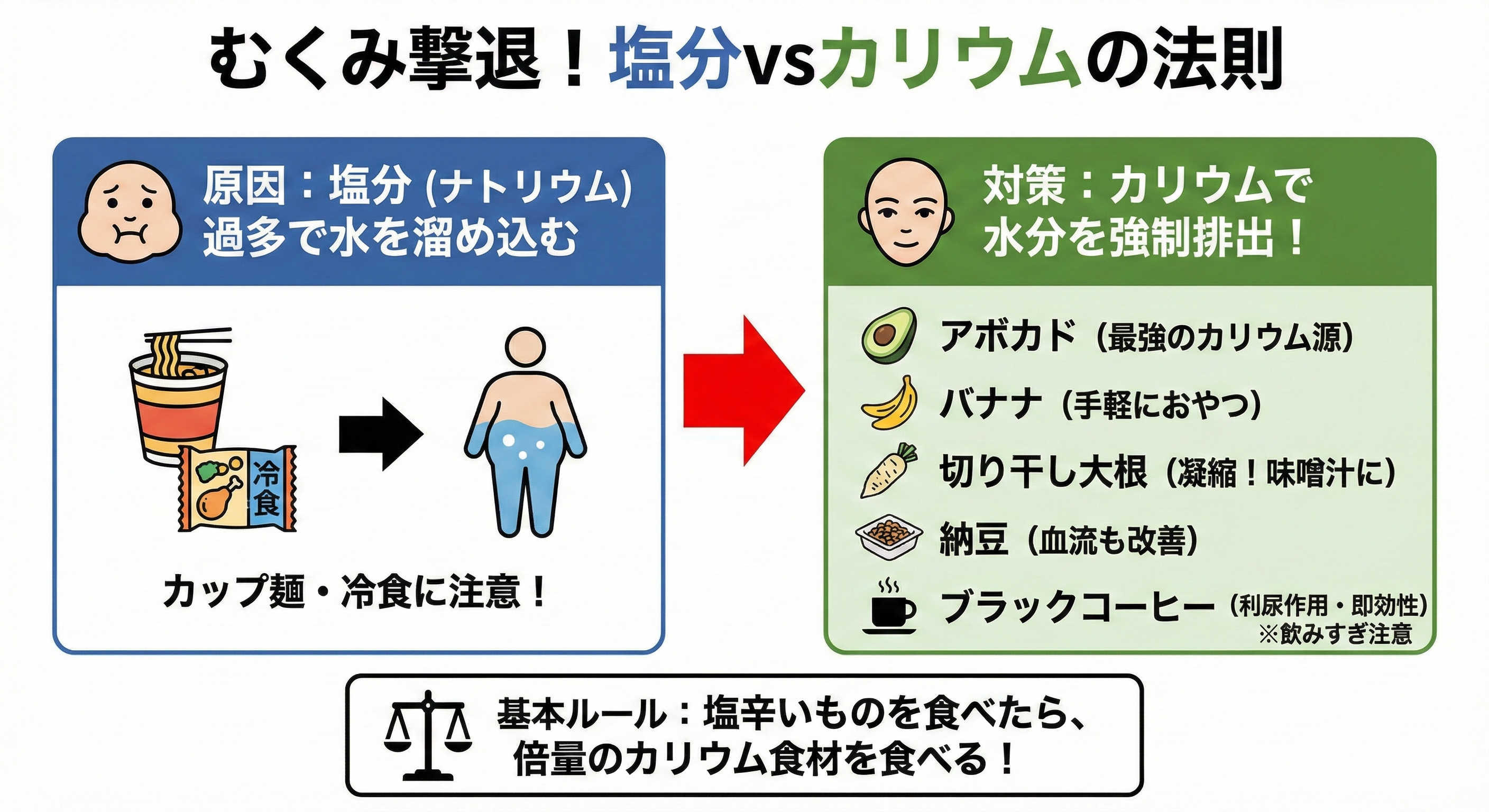 カリウムを多く含む食材（アボカド、バナナ、海藻など）のイラスト