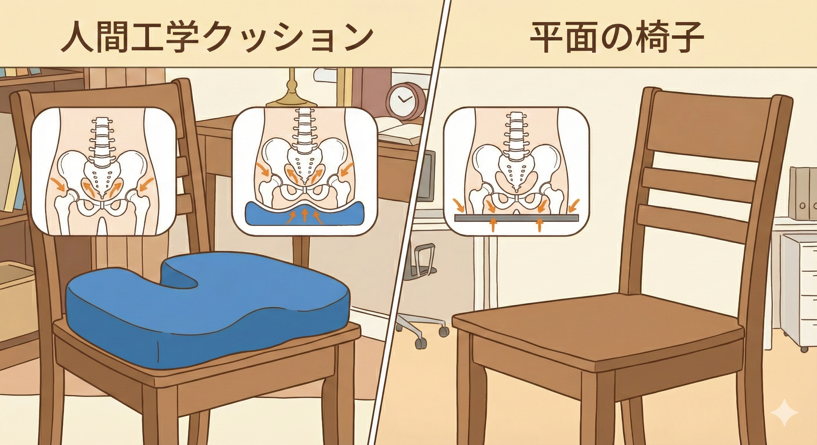 お尻の形にフィットするクッションと平面の椅子の比較