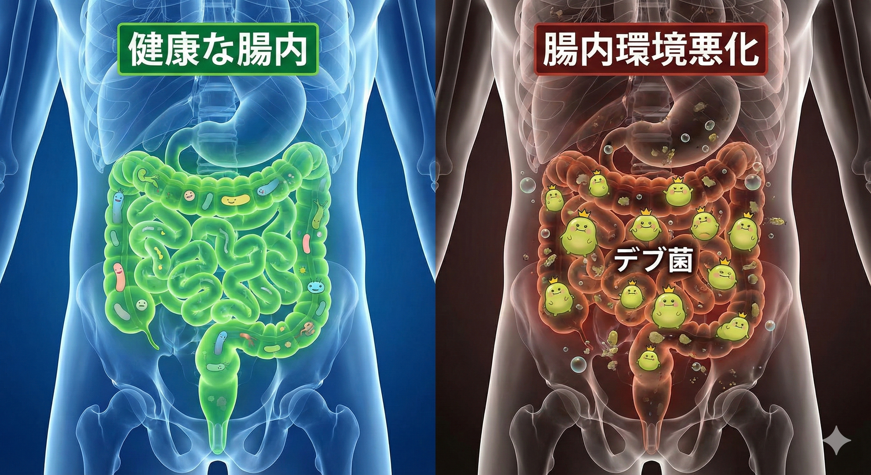腸内環境が悪化している様子とデブ菌のイメージ