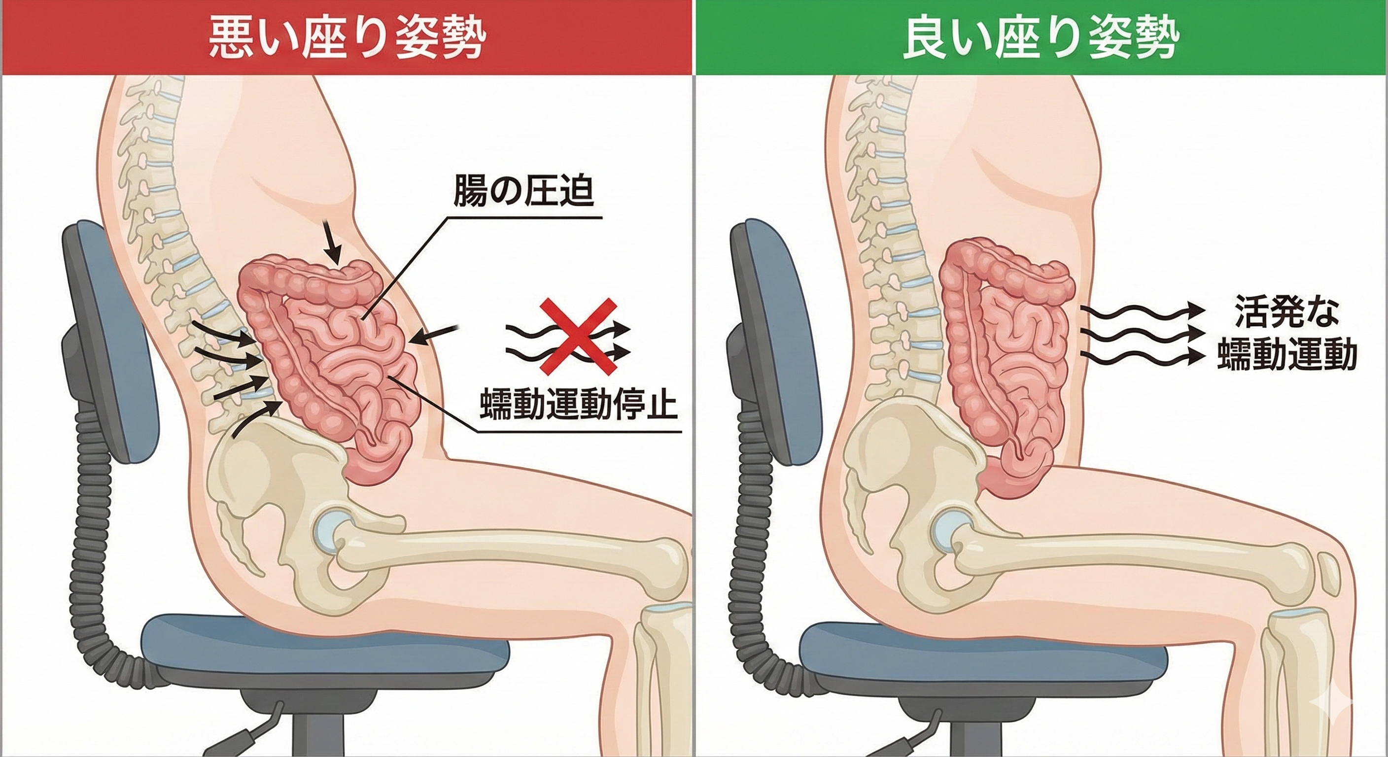 座り姿勢で腸が圧迫され、蠕動運動が停止している図解