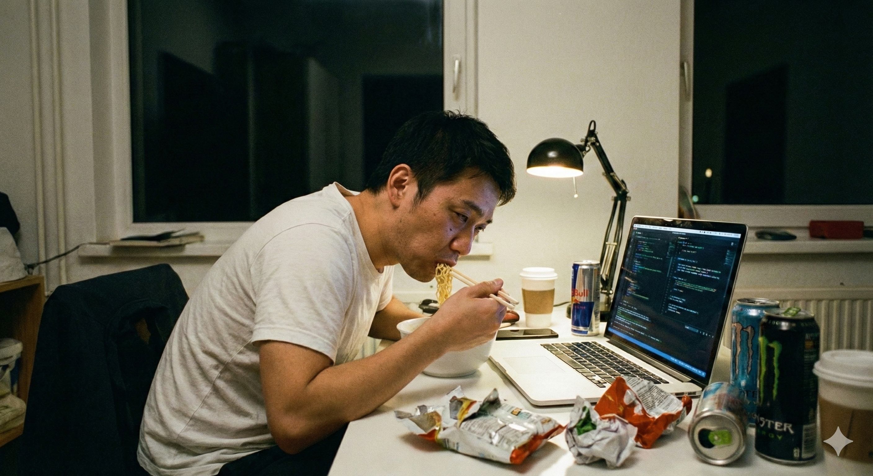 深夜にパソコン作業をしながら食事を悩む人