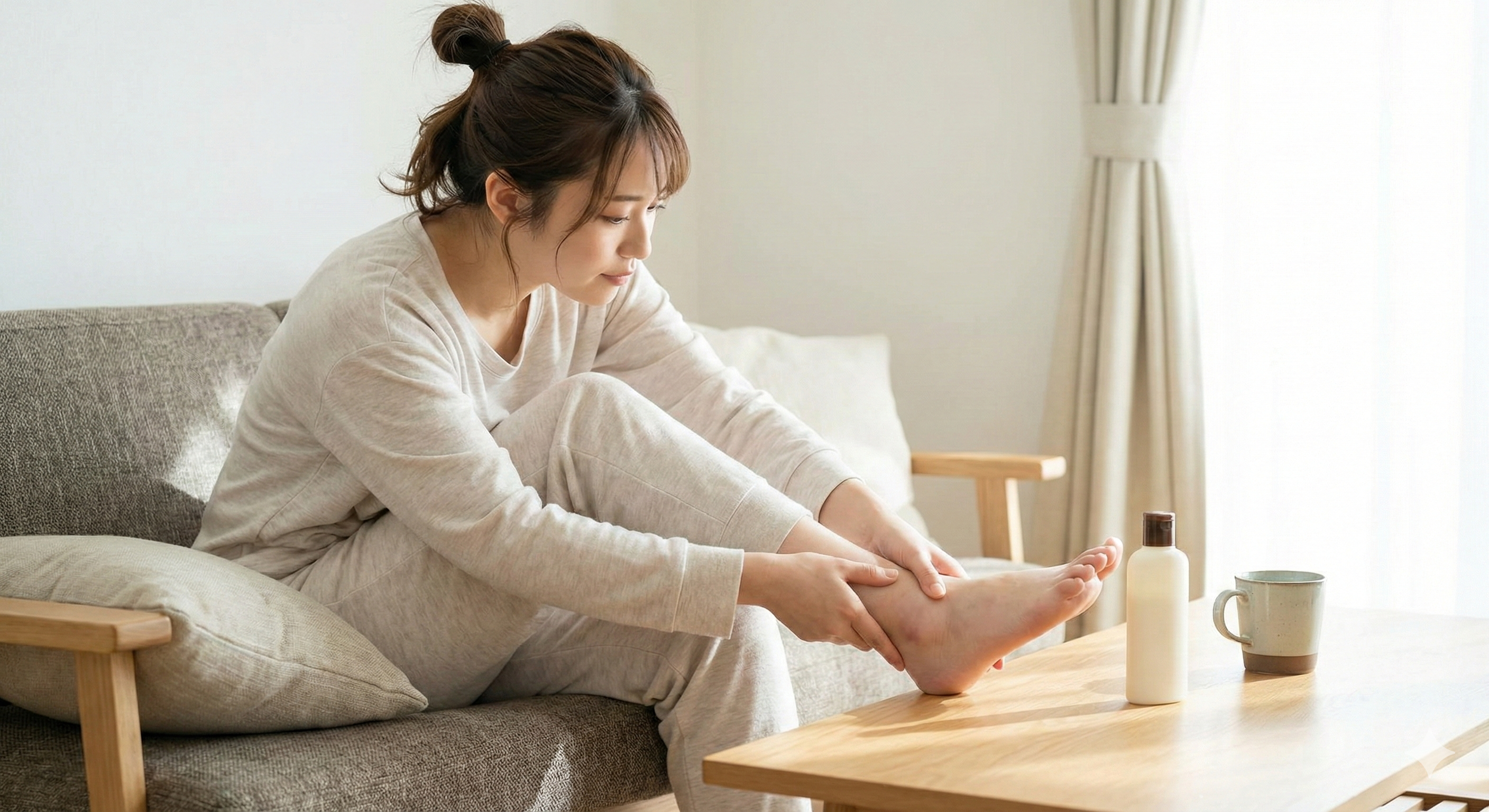 夕方のむくんだ足を見て溜息をつく女性のイラスト