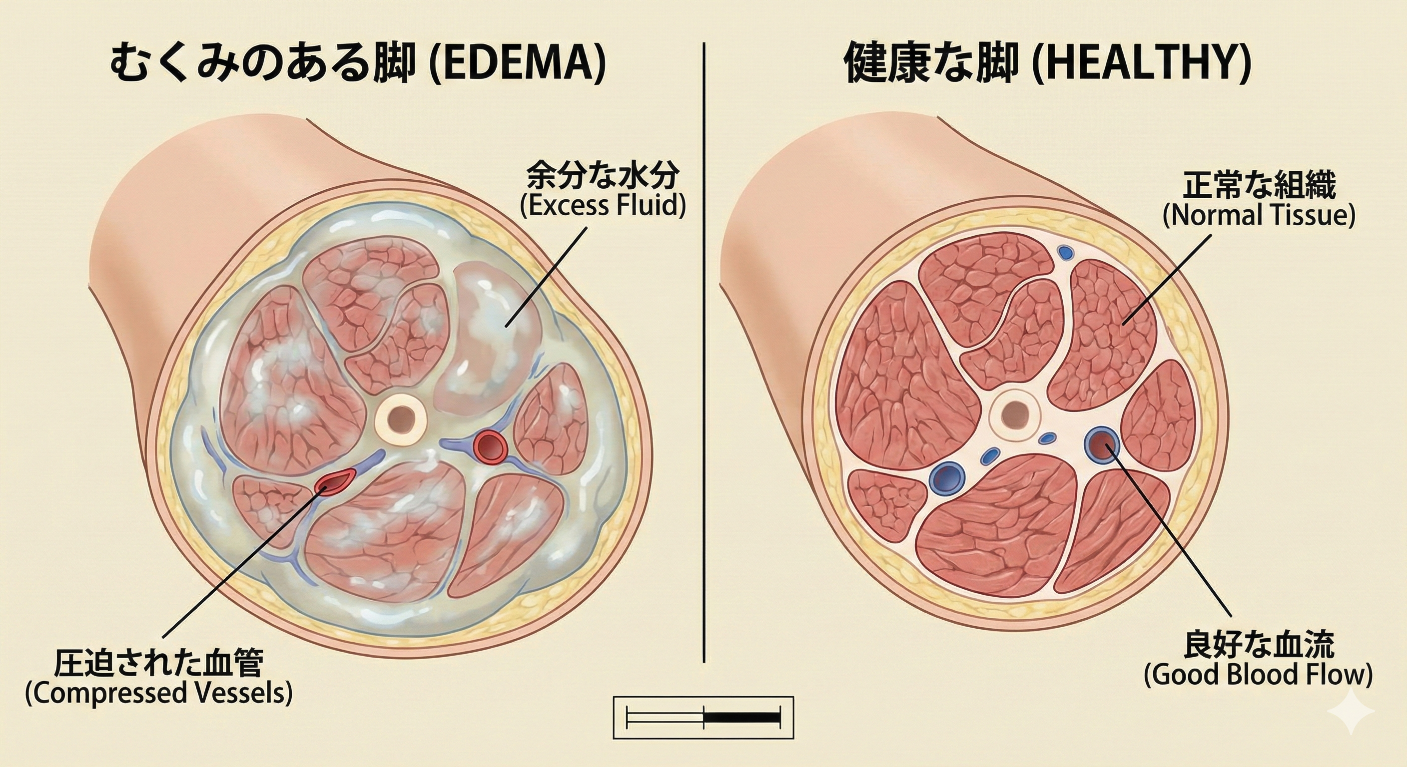 むくみのある脚と健康な脚の断面図比較