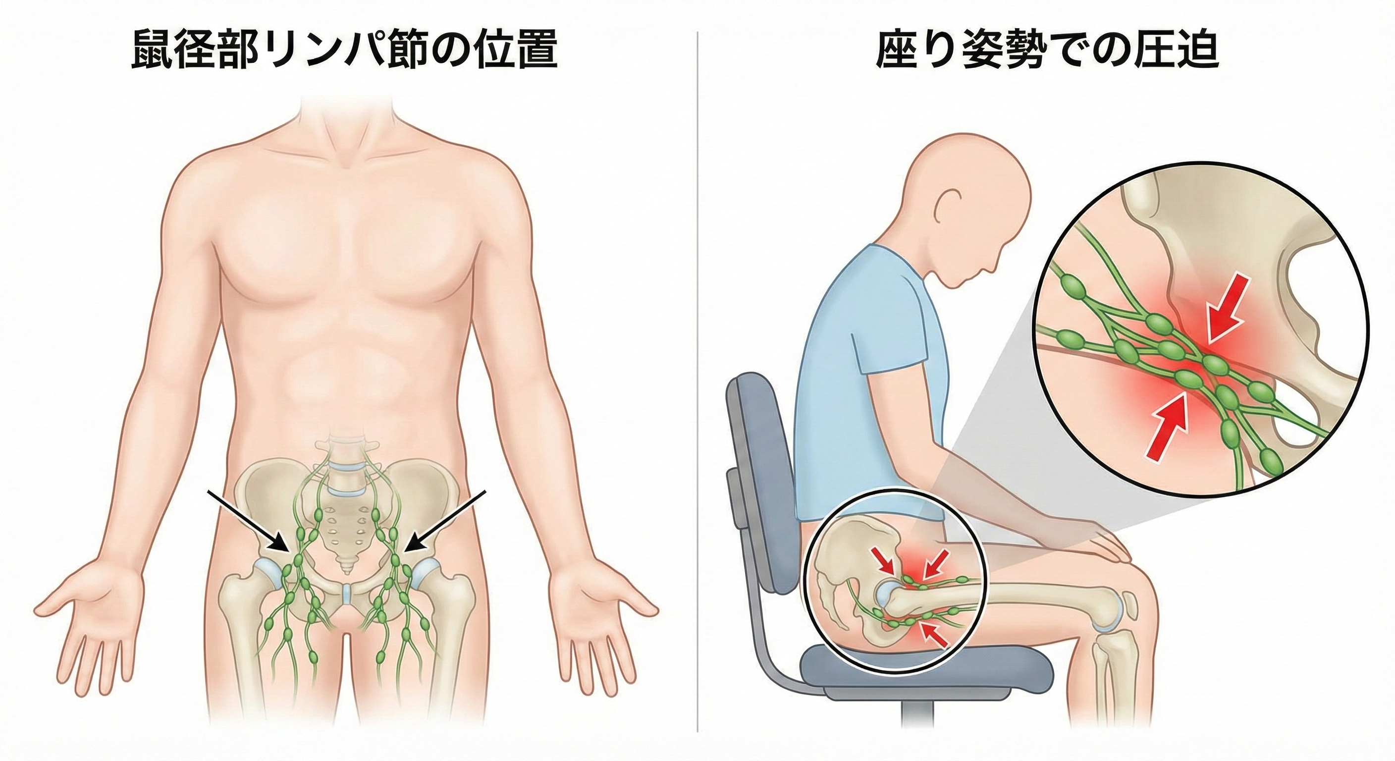 鼠径部リンパ節の位置と座り姿勢での圧迫の図解