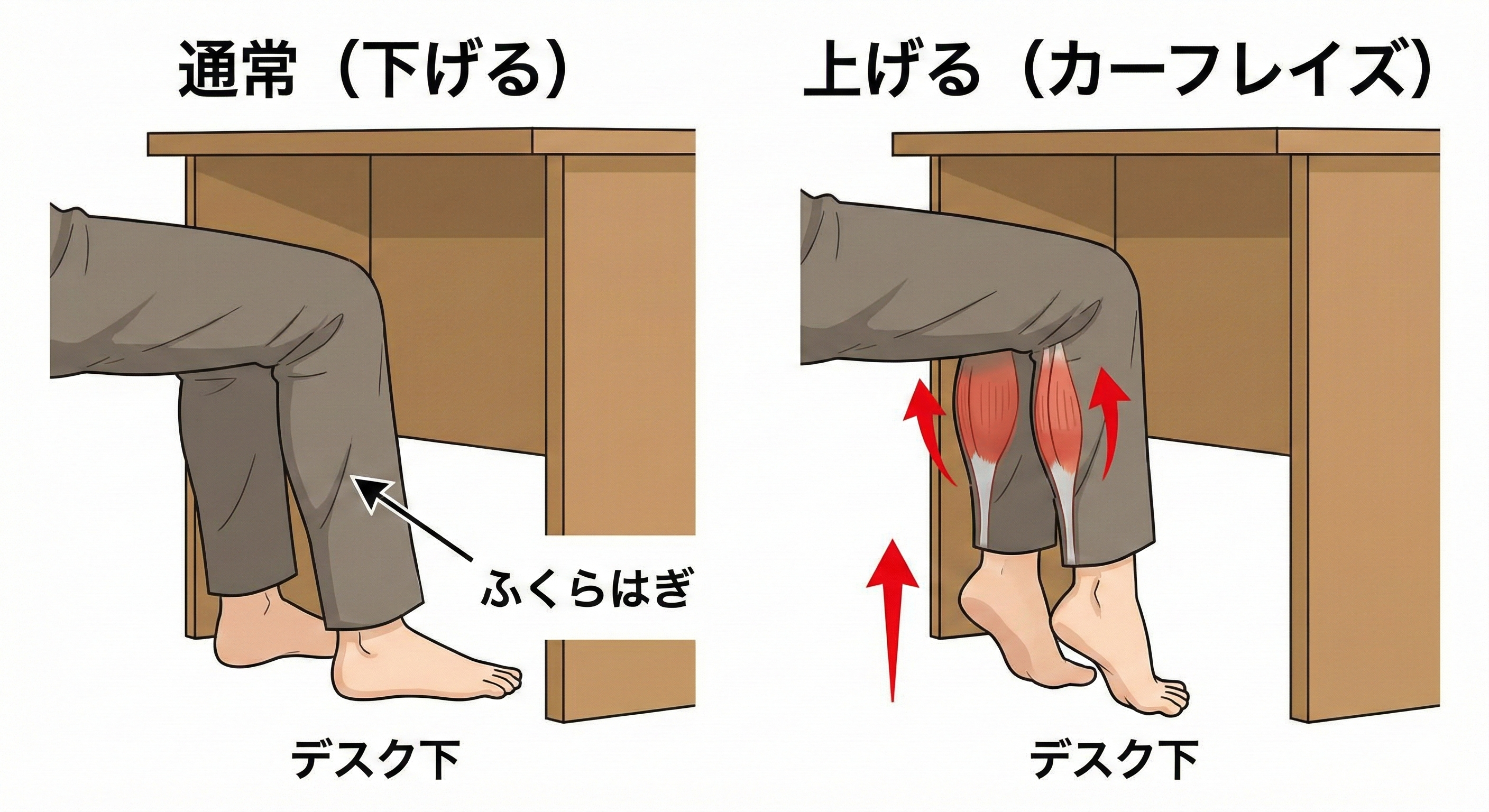 デスク下でかかとを上げ下げするカーフレイズのイラスト