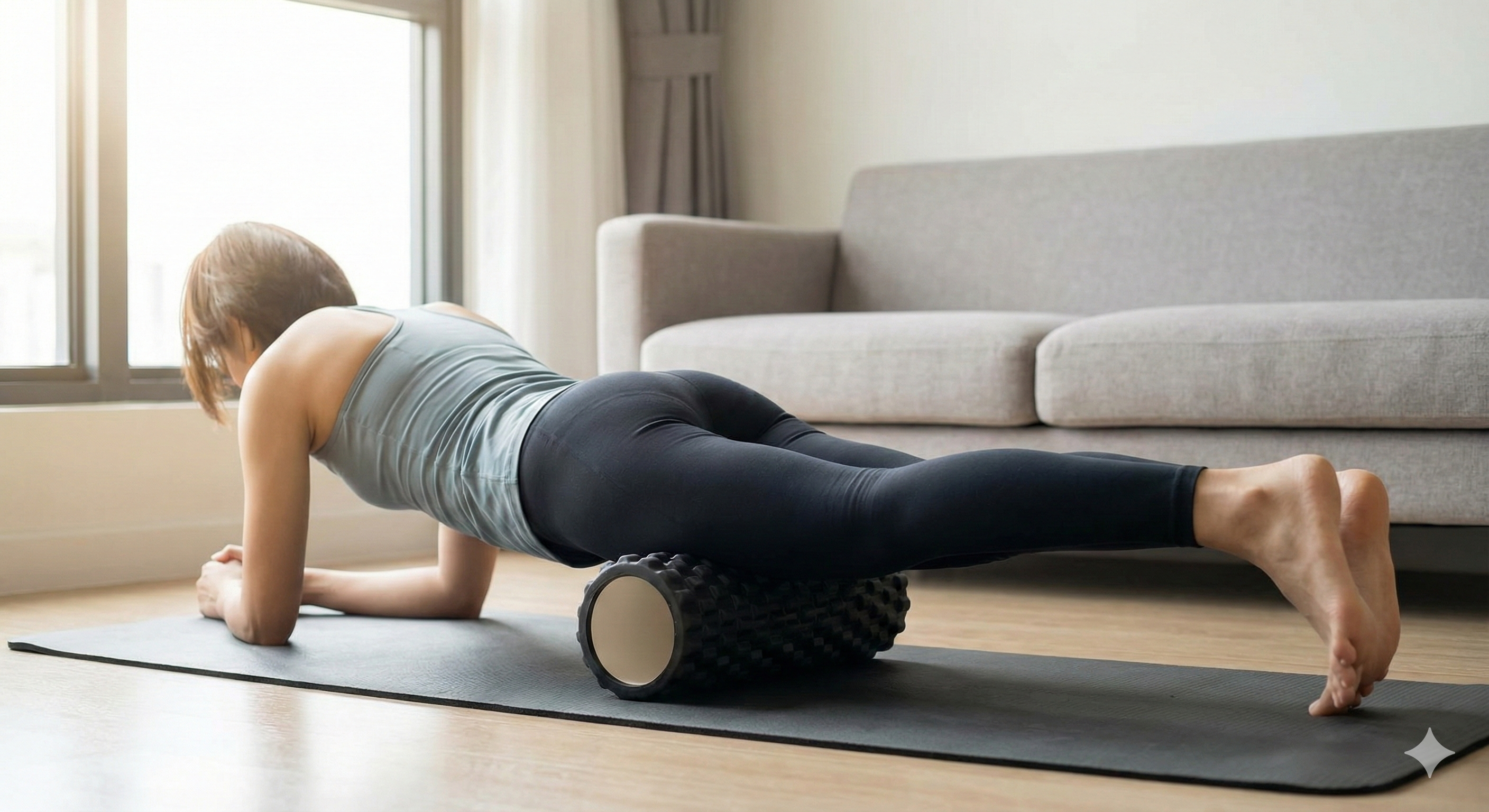 フォームローラーを使って太もも前側をほぐす様子