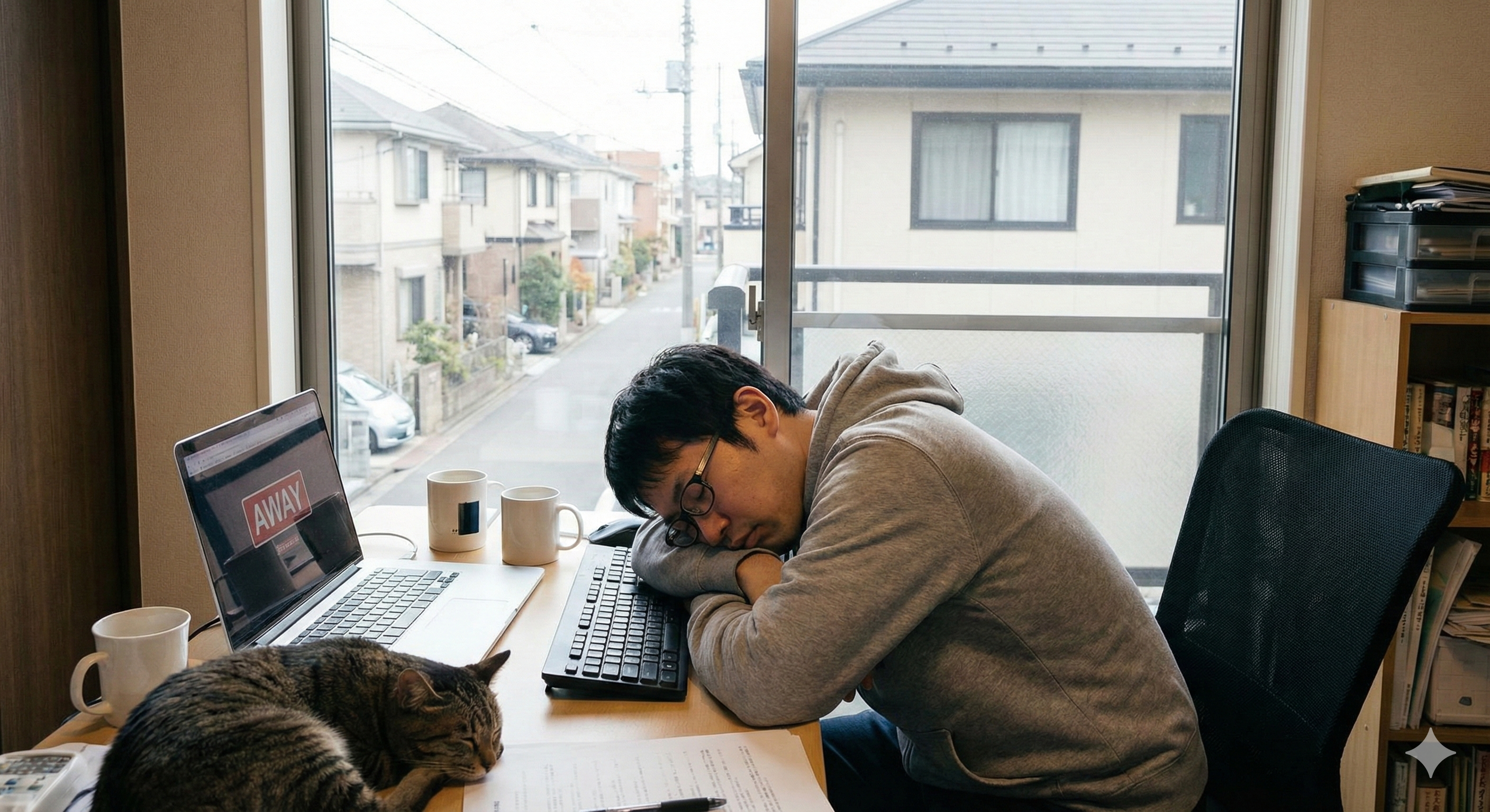 デスクで居眠りしてしまう在宅ワーカーのイラスト