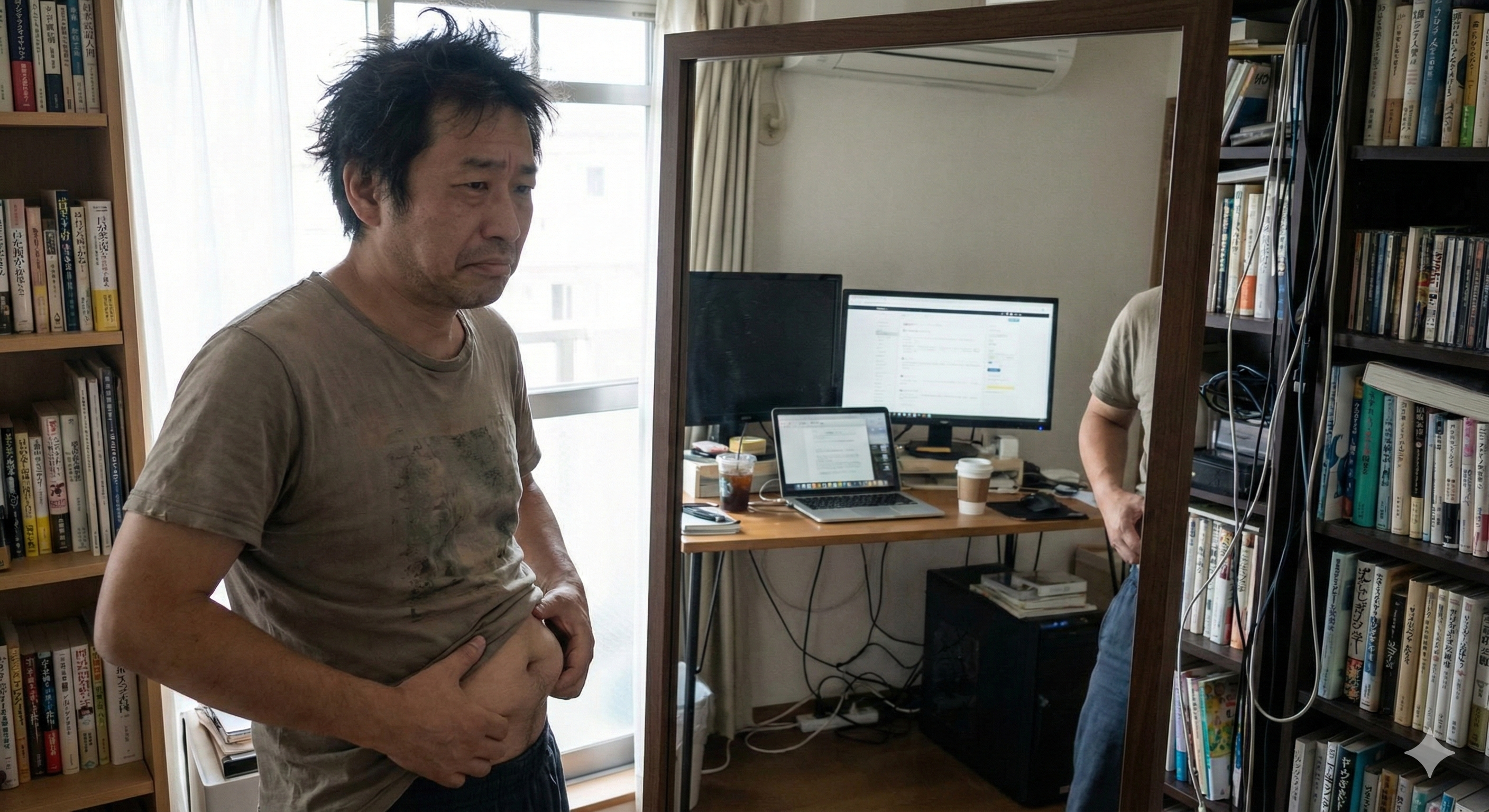 鏡の前でたるんだお腹をつまむ在宅ワーカーの姿