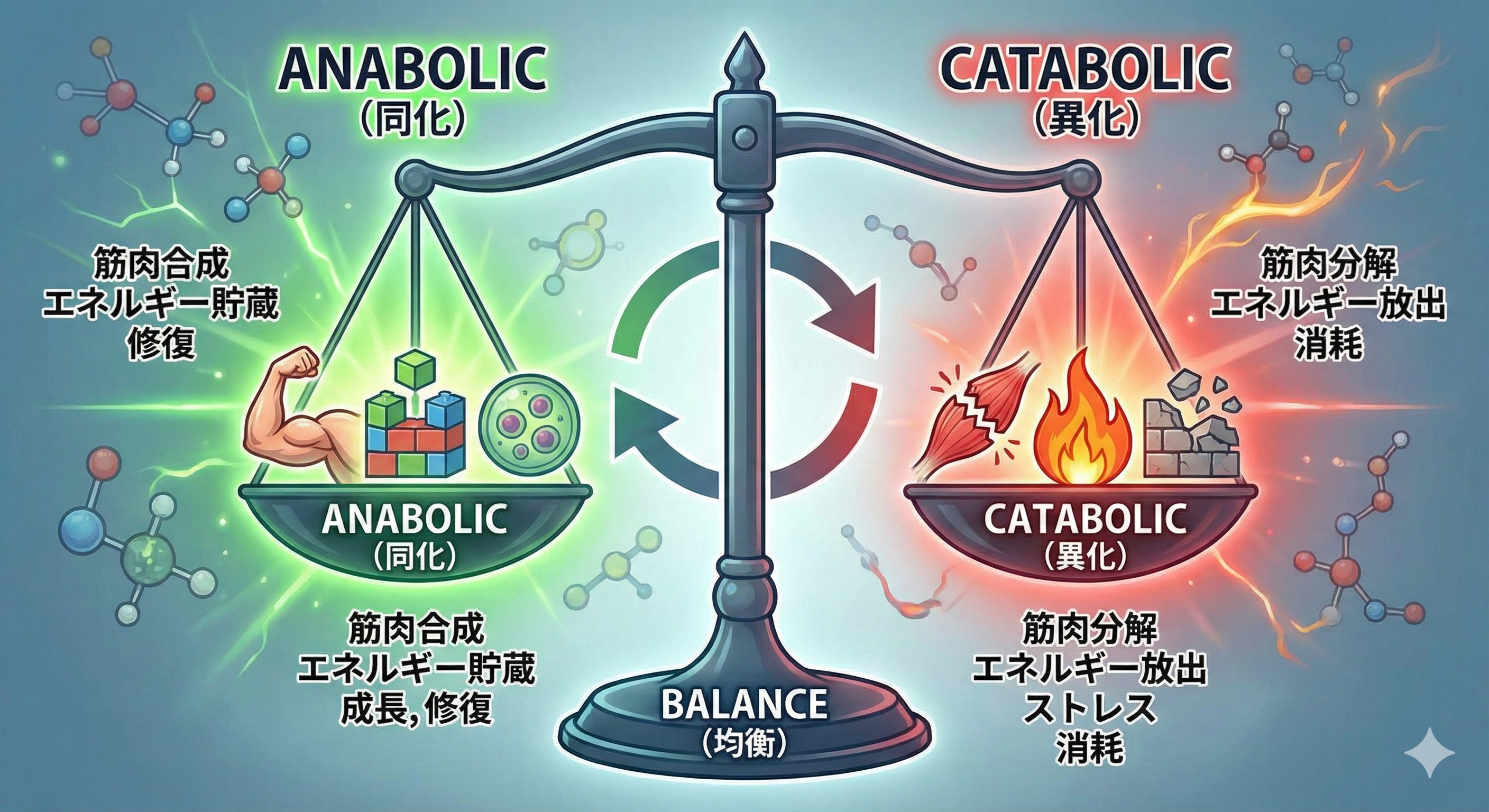 アナボリック（合成）とカタボリック（分解）のバランス図