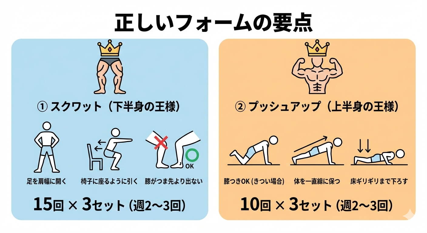 スクワットとプッシュアップの正しいフォーム