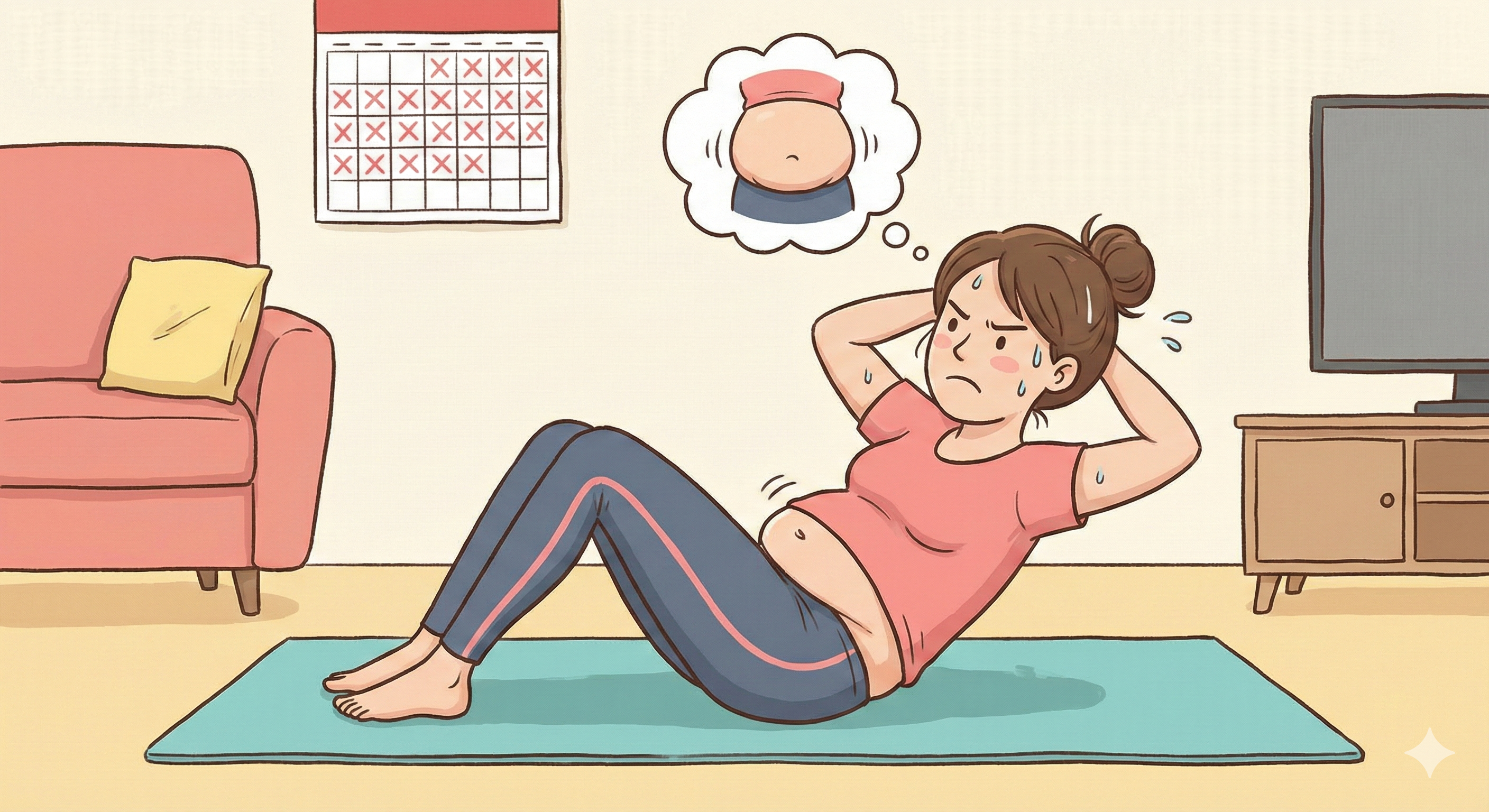 腹筋運動を頑張ってもお腹が凹まない女性のイラスト