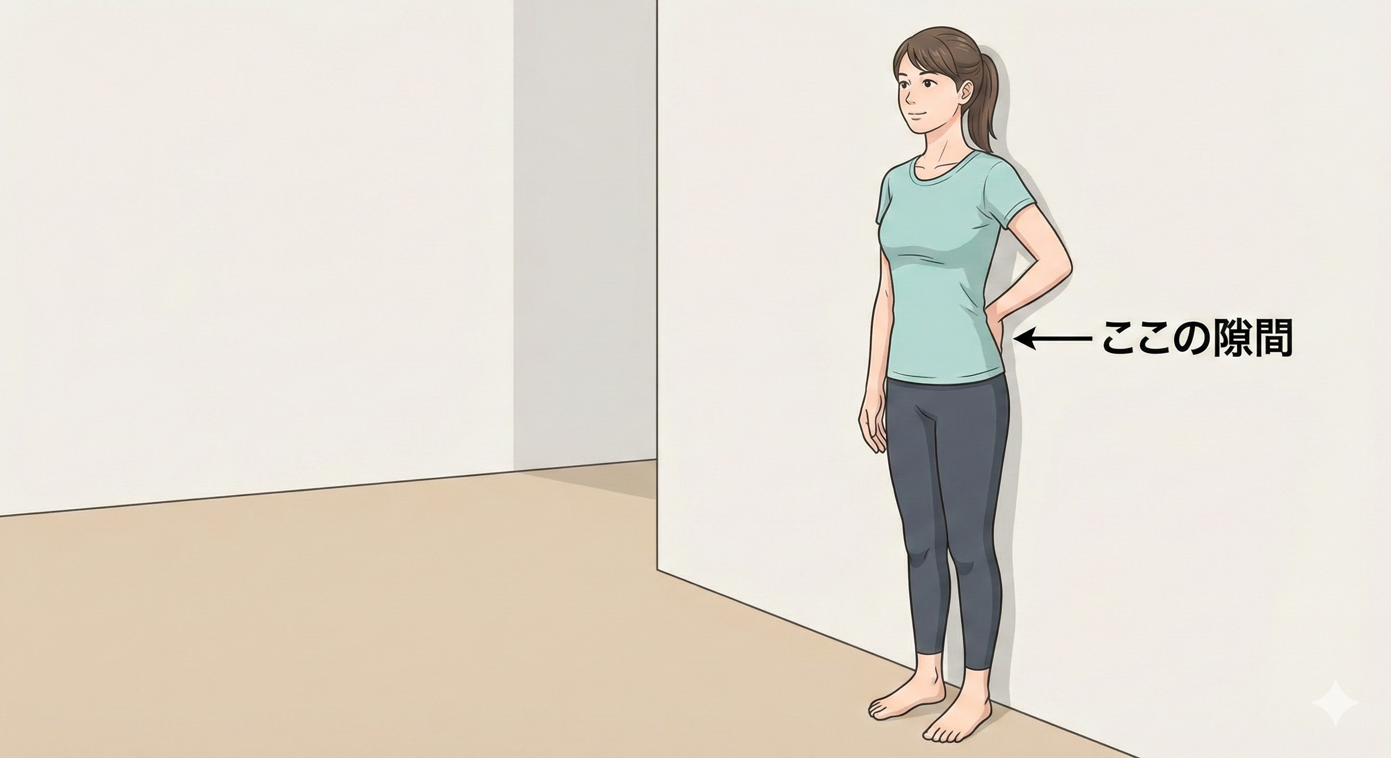 壁を背にして立ち、腰の隙間を確認するイラスト