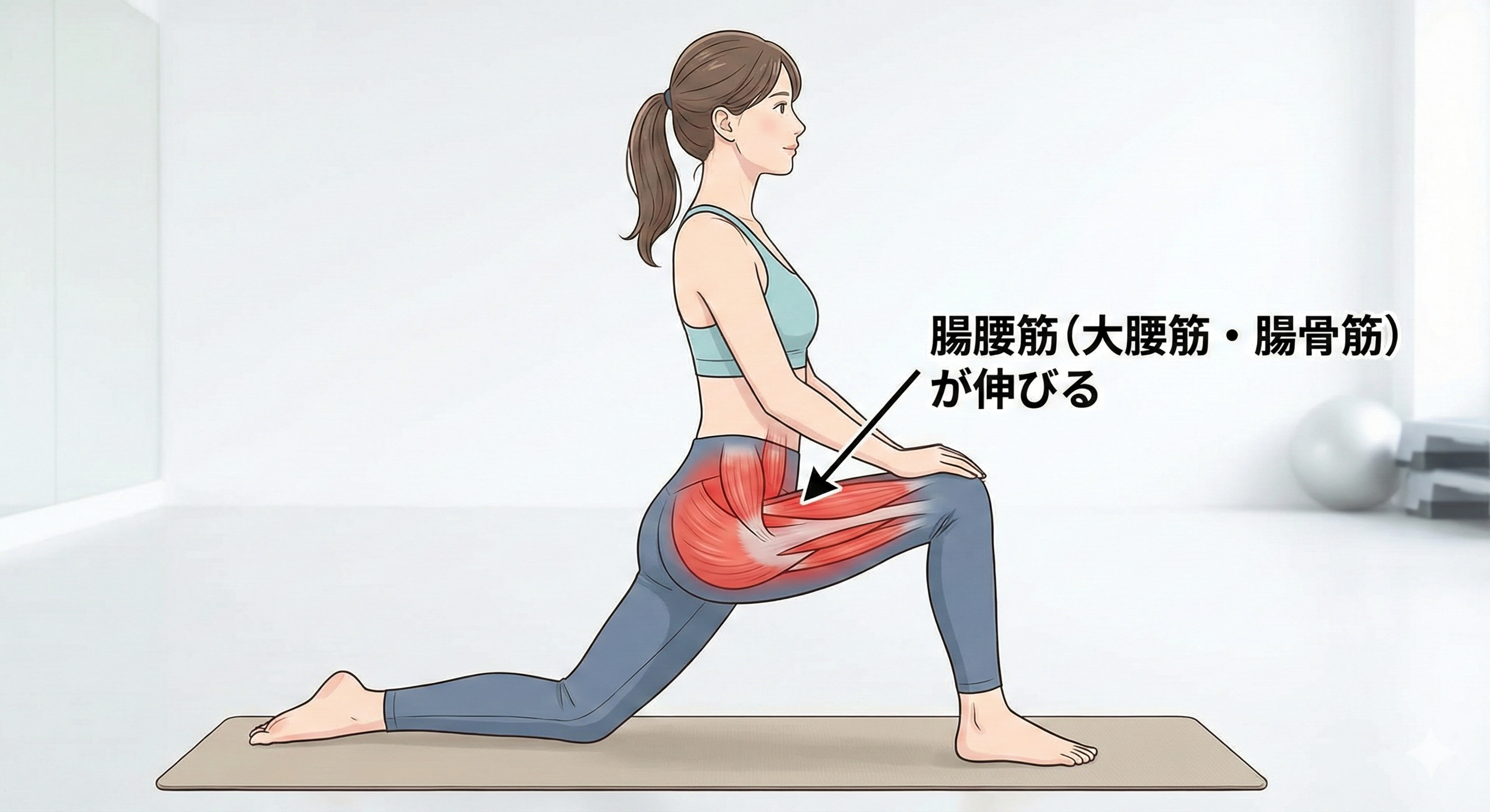 膝立ちで片足を前に出し、腸腰筋を伸ばすストレッチの図