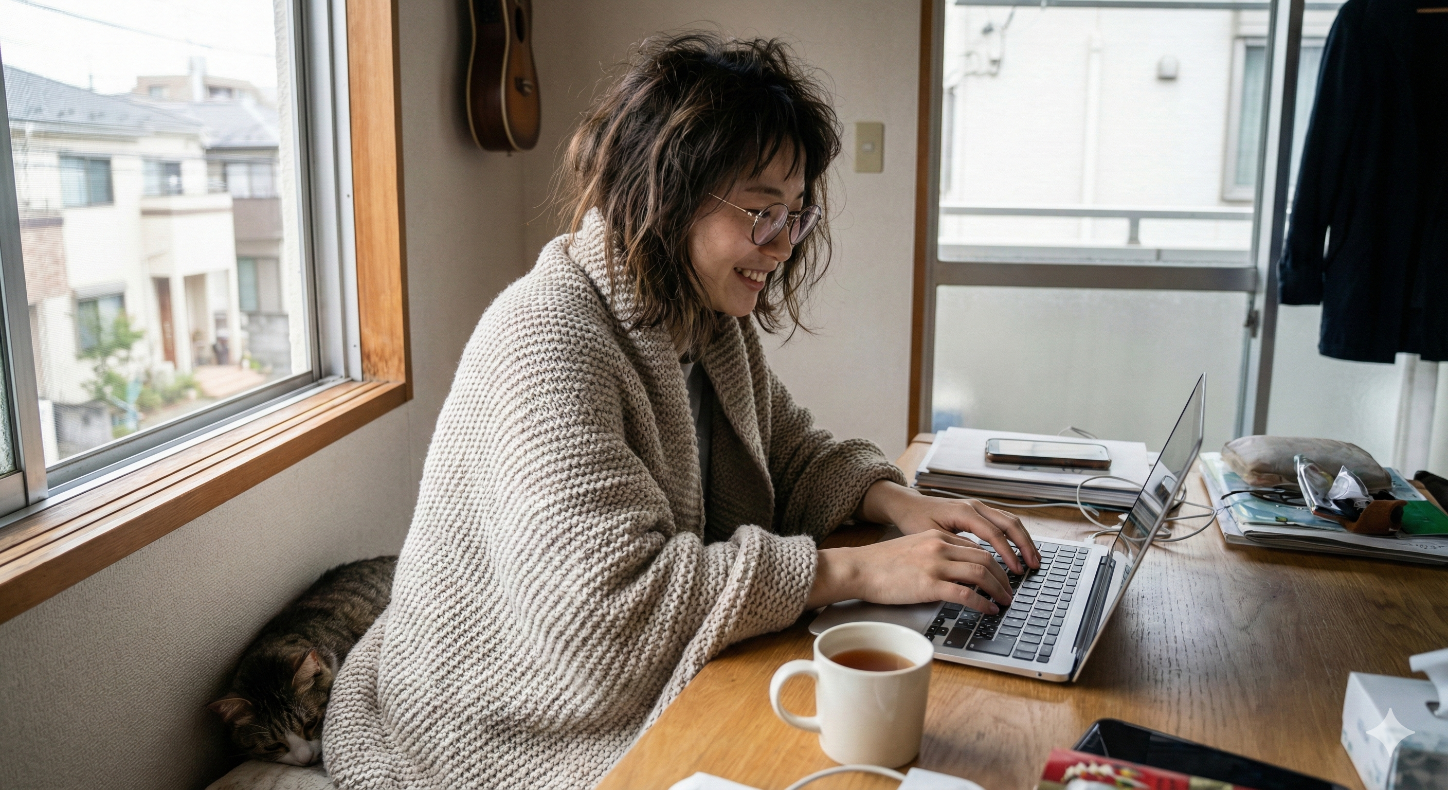 生理前で体が重く、毛布にくるまってPC作業をする女性