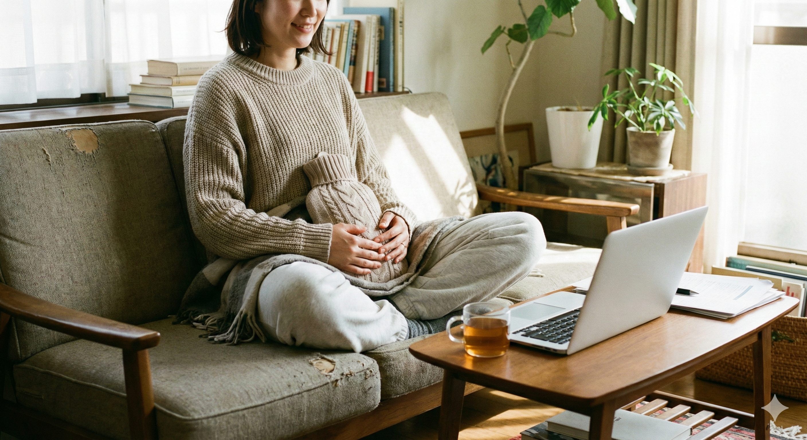 ゆったりした服でお腹を温めながら仕事をする様子