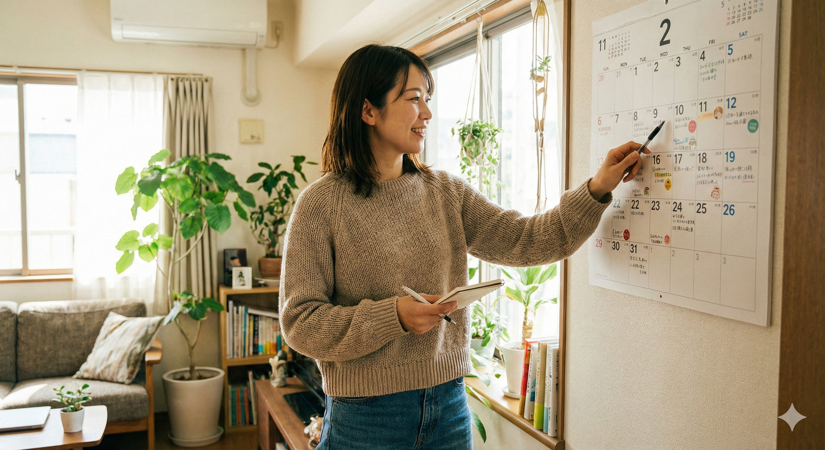 カレンダーを見て自分のリズムを確認する女性