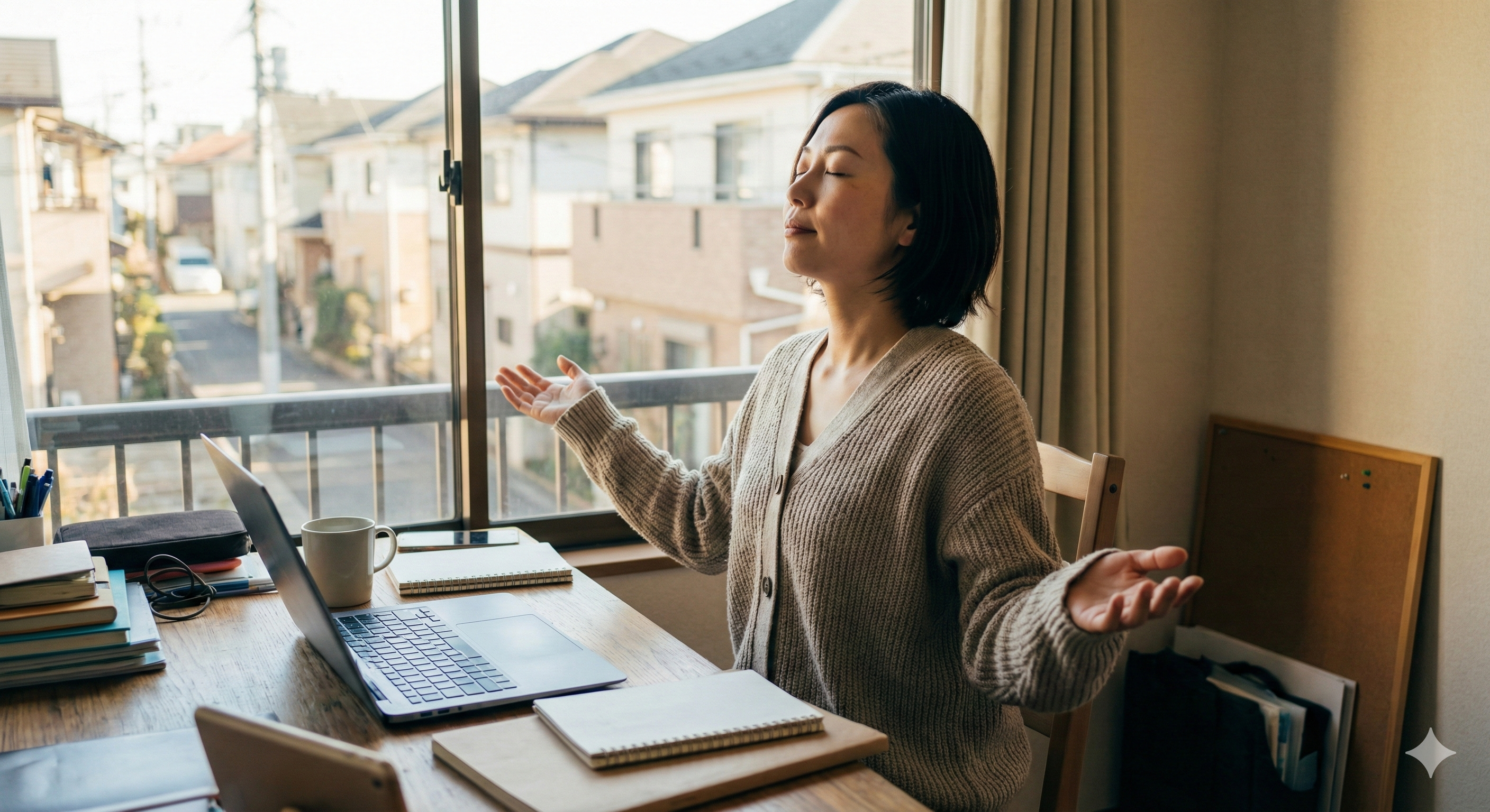 深い呼吸をしてリラックスする女性