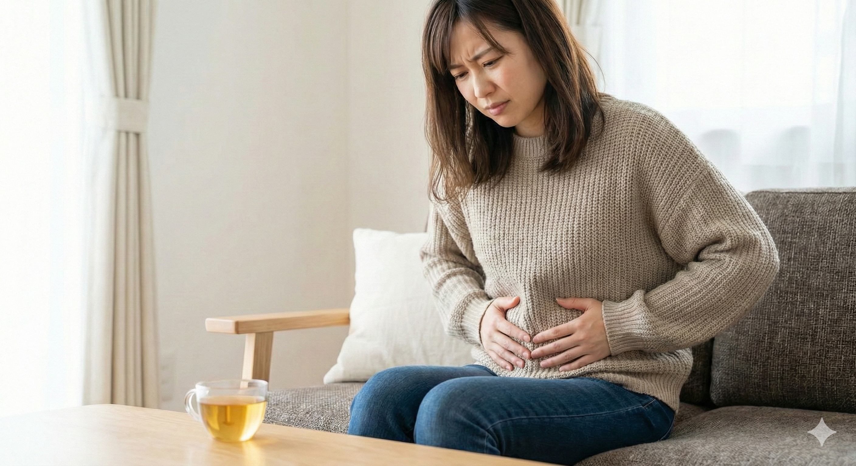 お腹がパンパンに張って苦しむ女性と、原因となる食材のイメージ