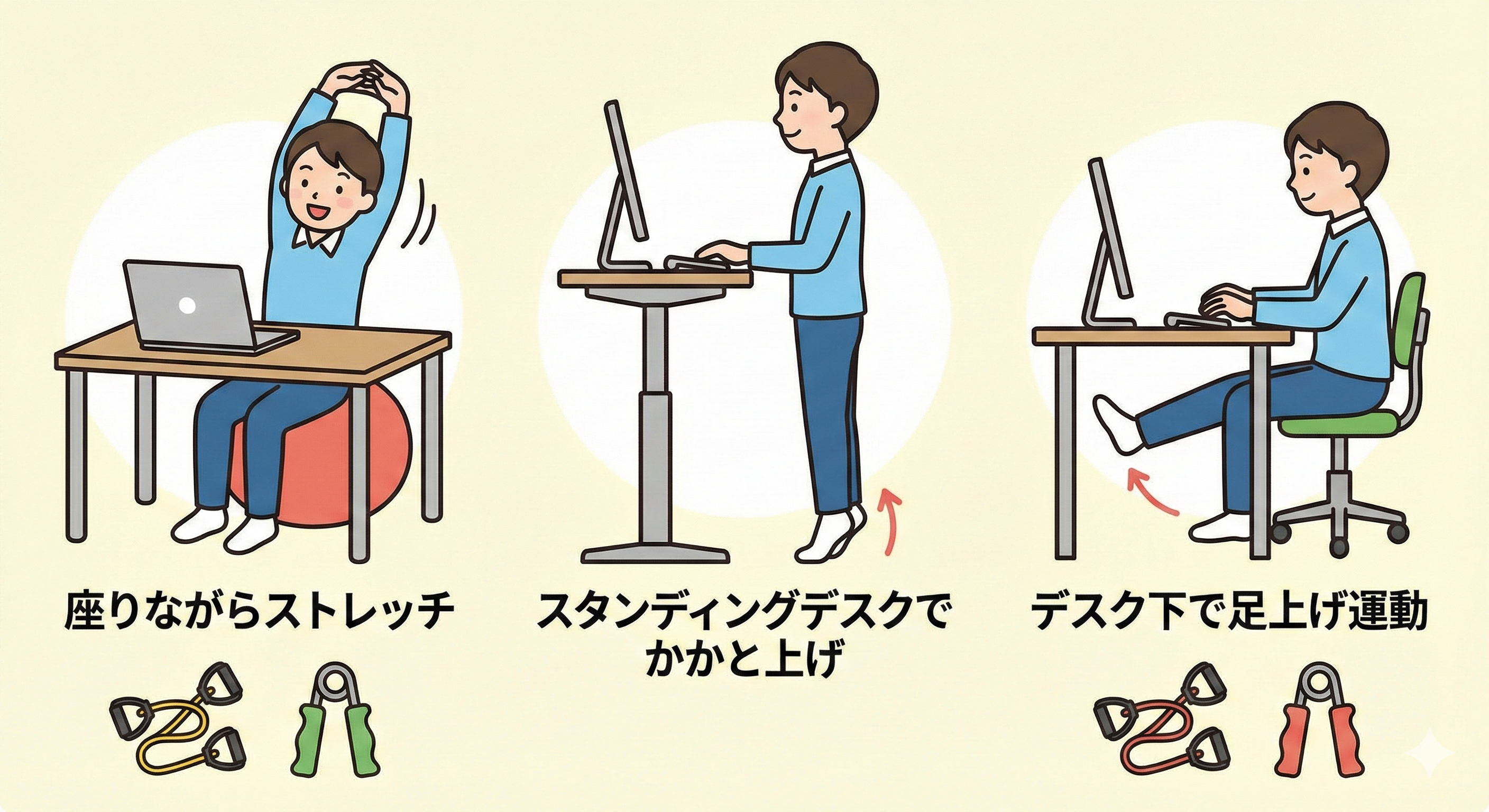 デスクワーク中にこっそり運動するイラスト