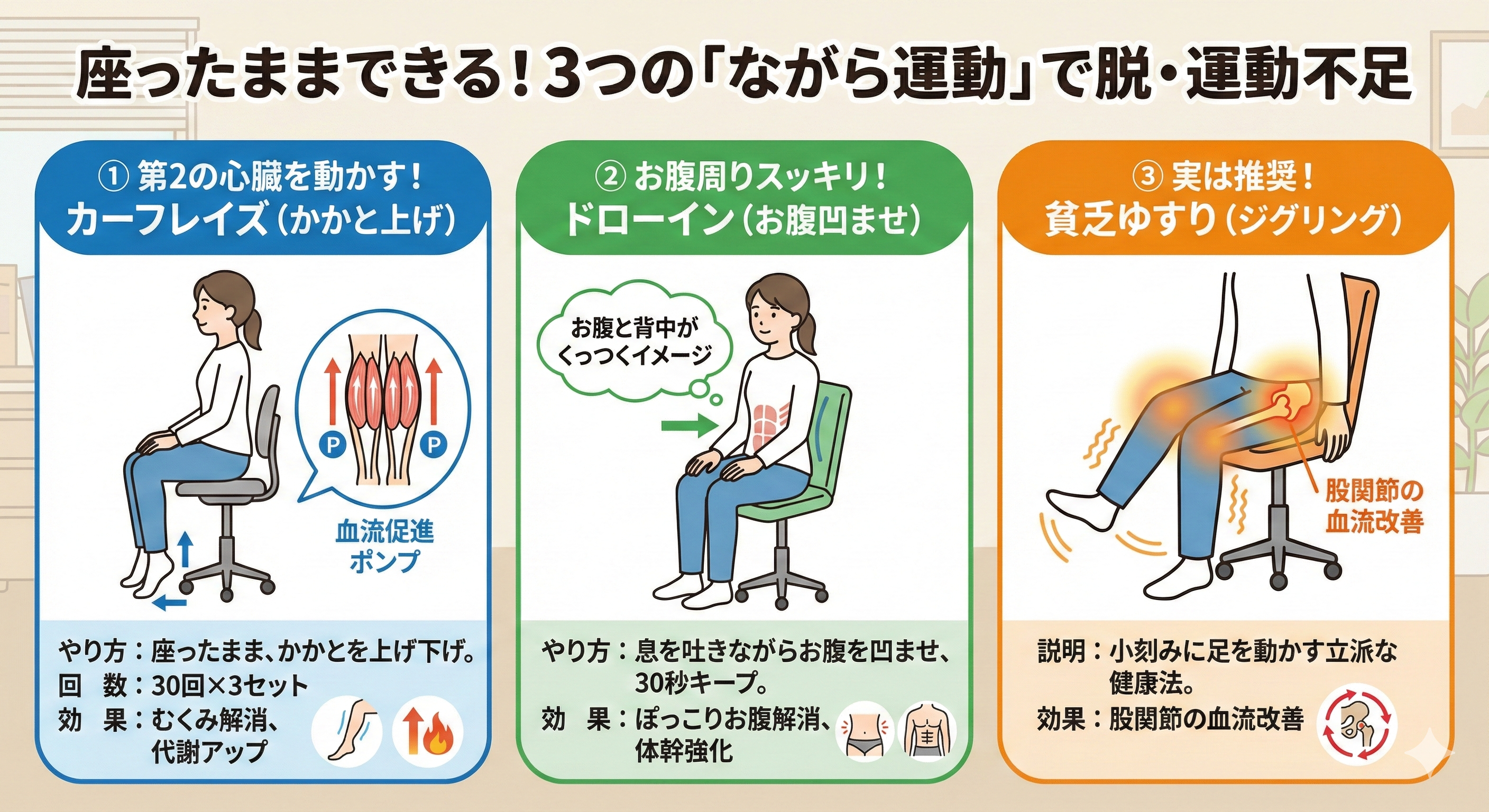 デスク下でできる運動の図解