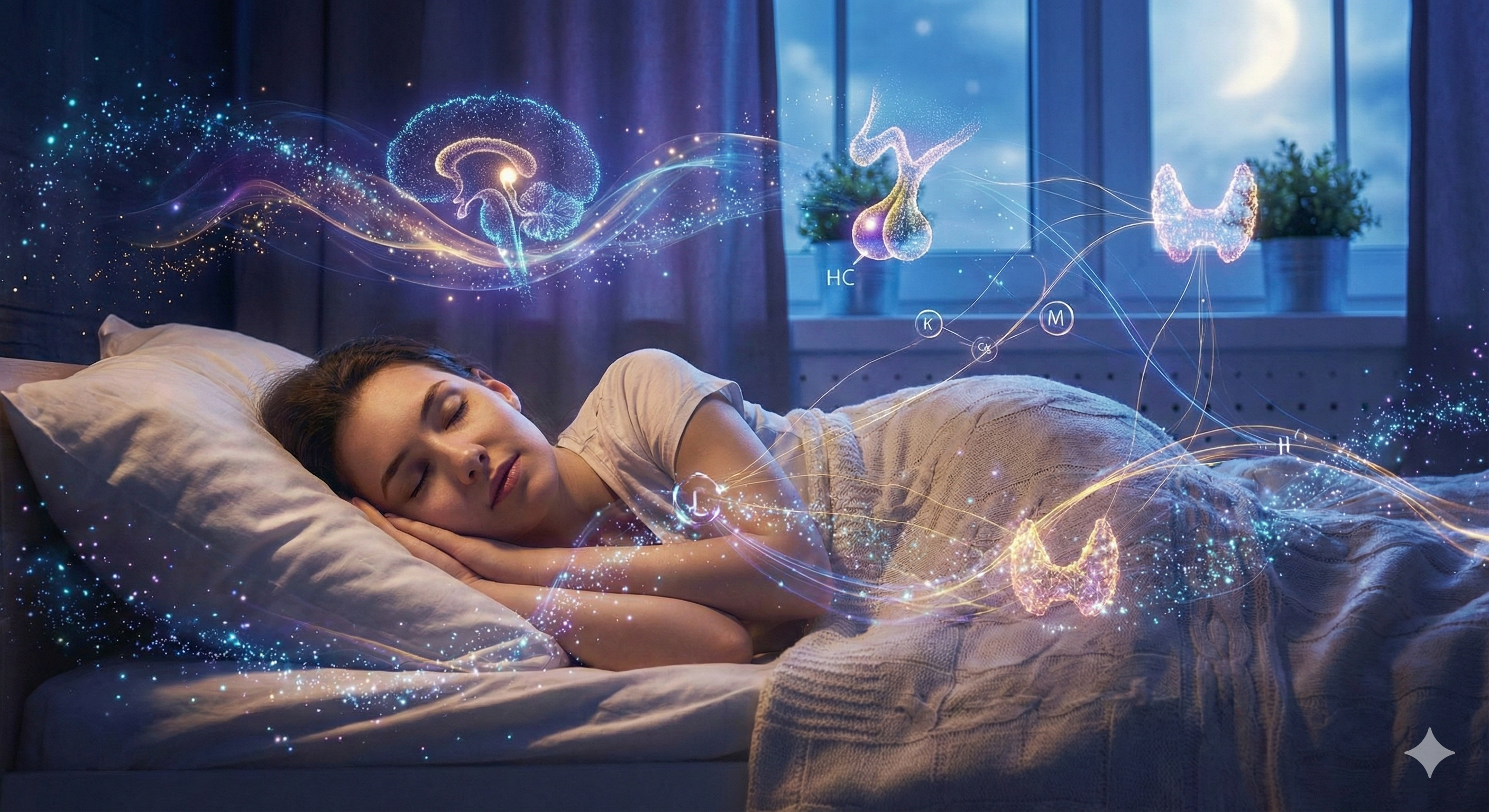 深い睡眠をとっている人と、ホルモンバランスのイメージ