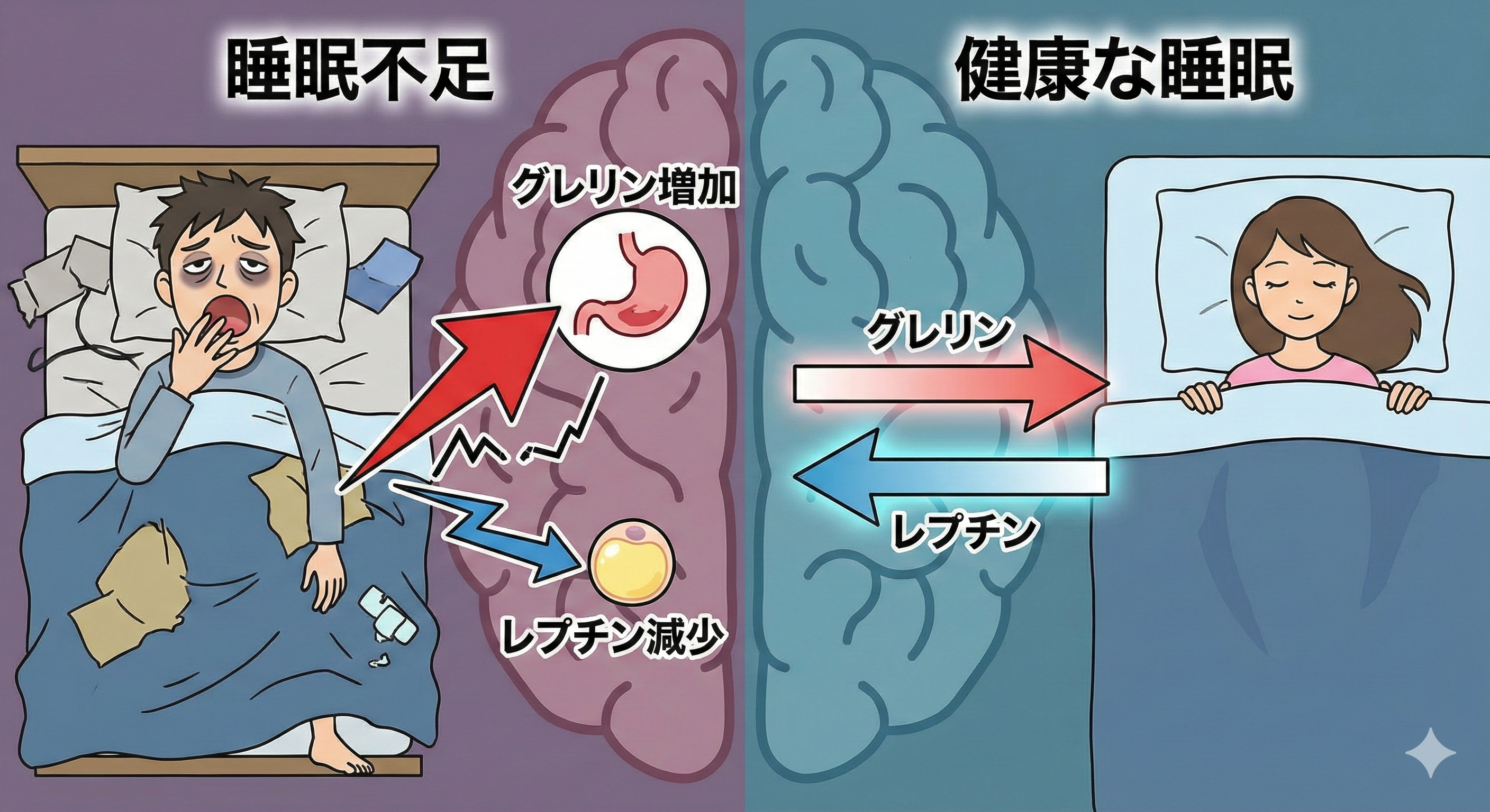 睡眠不足時の食欲ホルモン（グレリン・レプチン）のバランス崩壊図