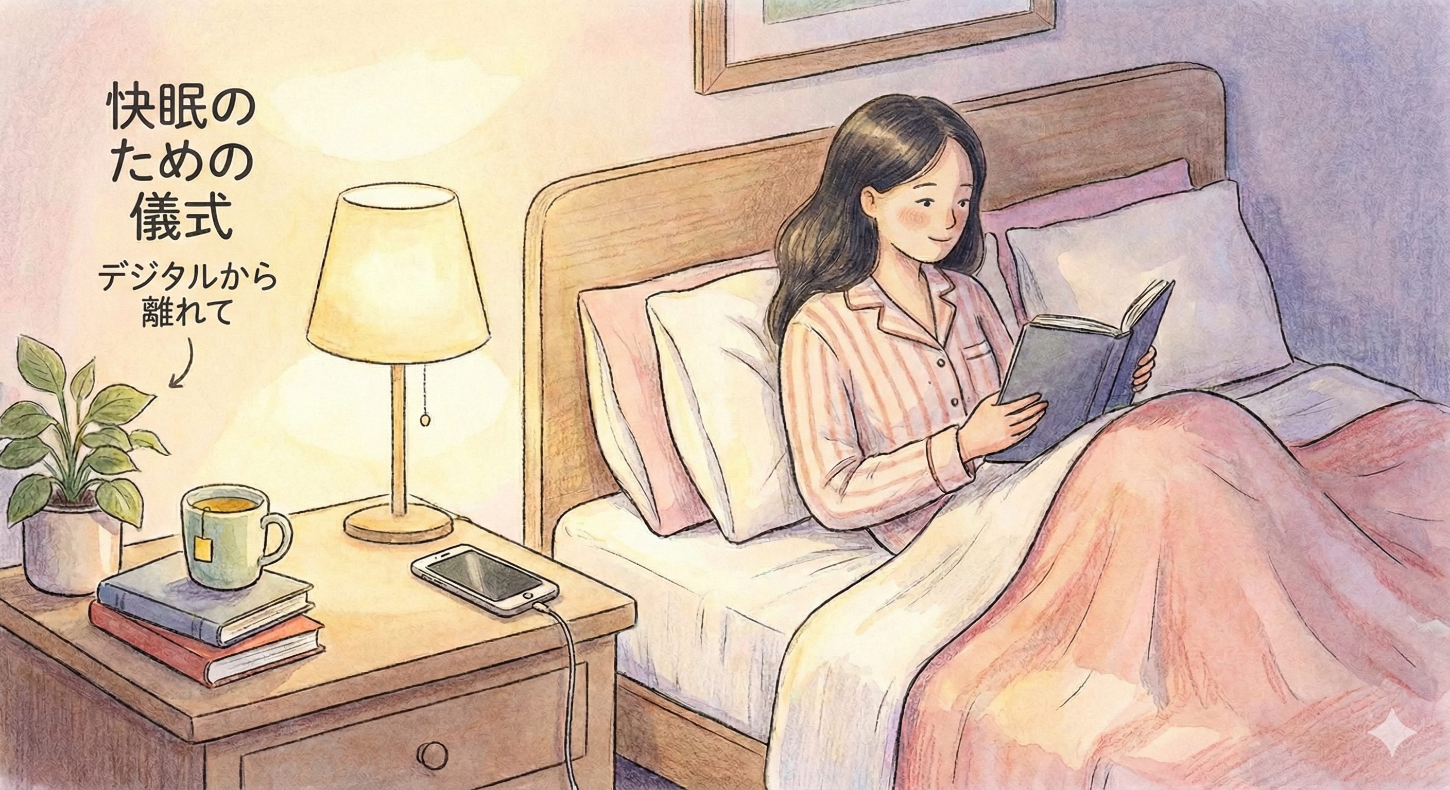 ベッドサイドでスマホを遠ざけ、読書をする入眠儀式のイラスト