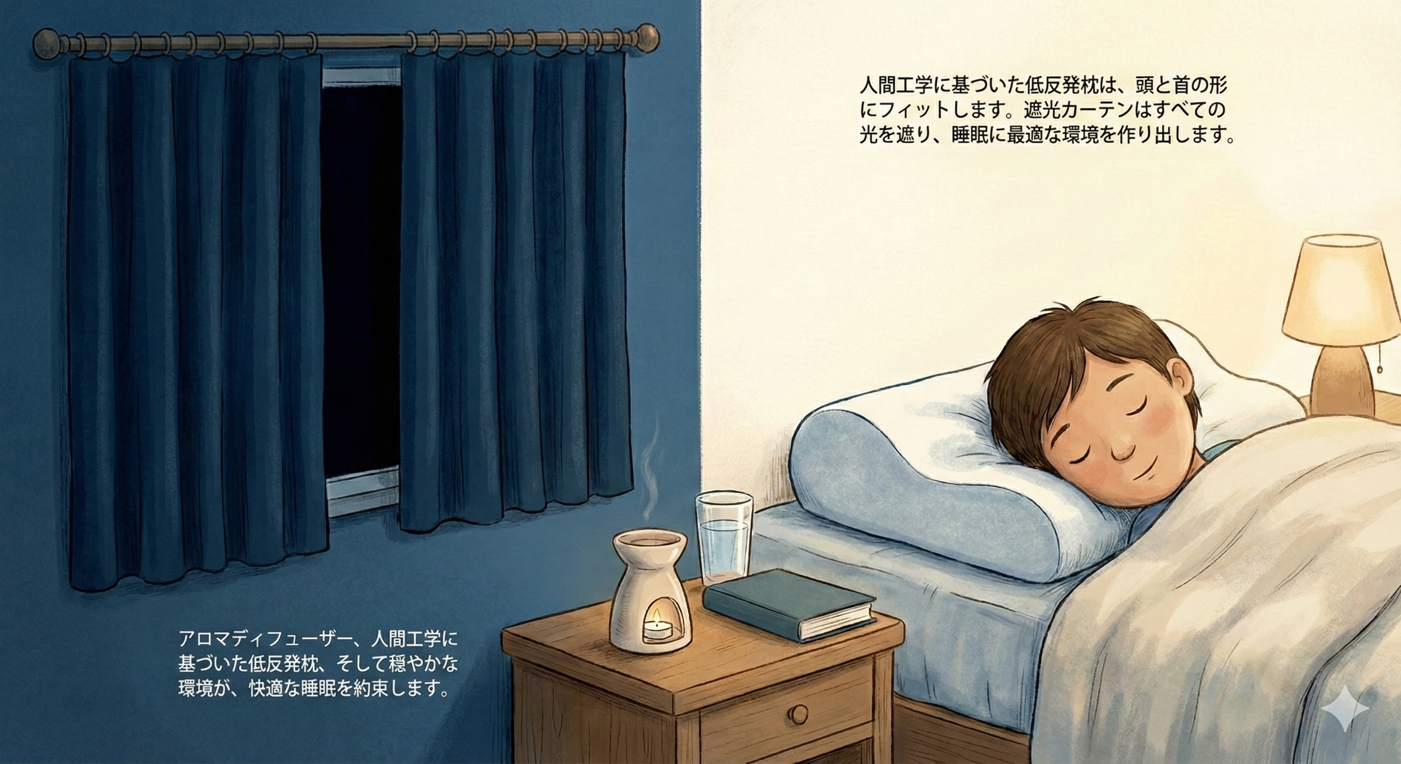 快適な寝室環境（遮光カーテン、適切な枕）のイラスト