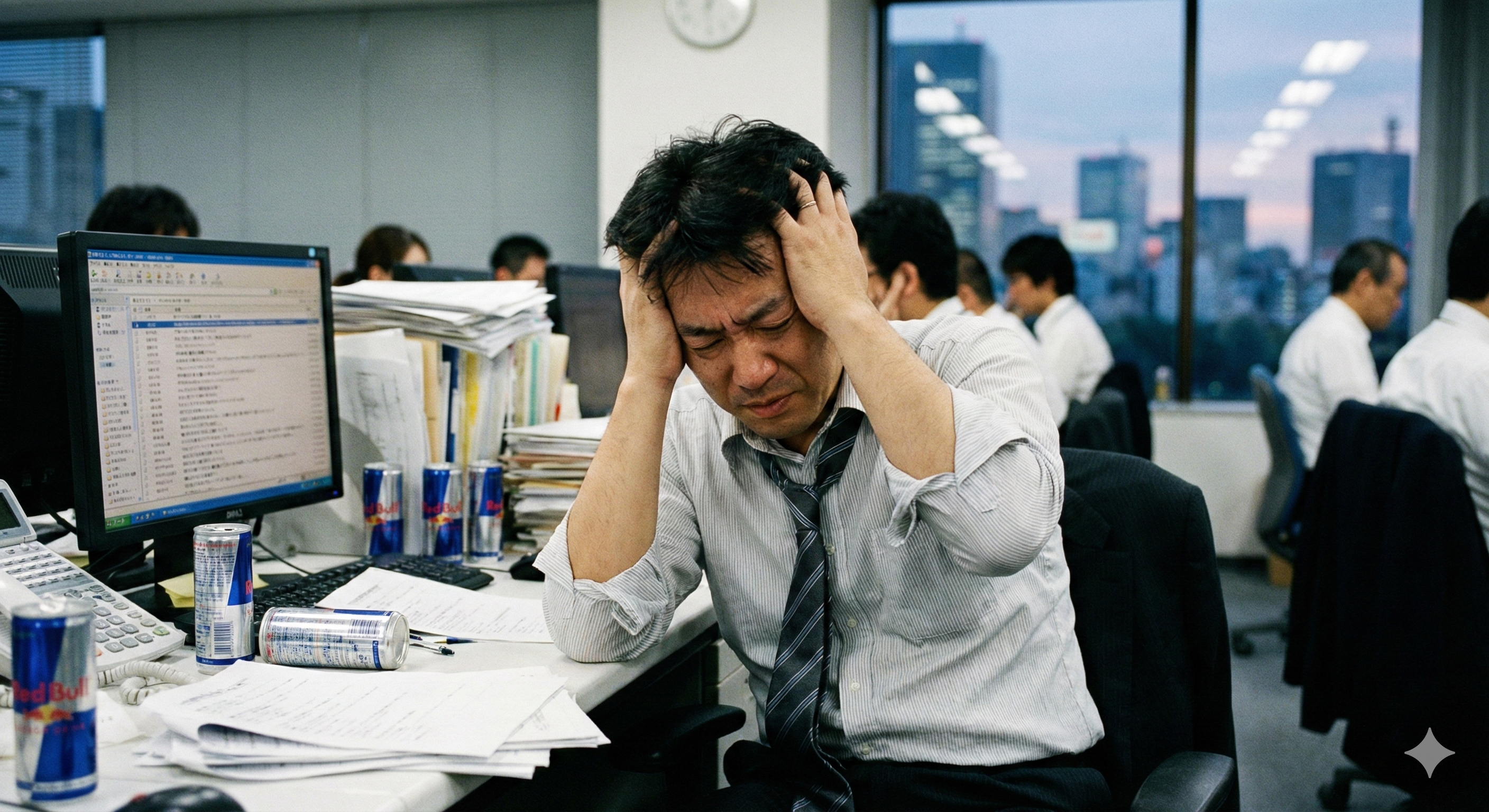 PCの前で頭を抱えるストレスの溜まった在宅ワーカー