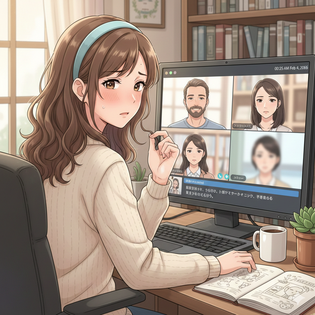 オンライン会議の画面に映る自分の姿を気にする女性