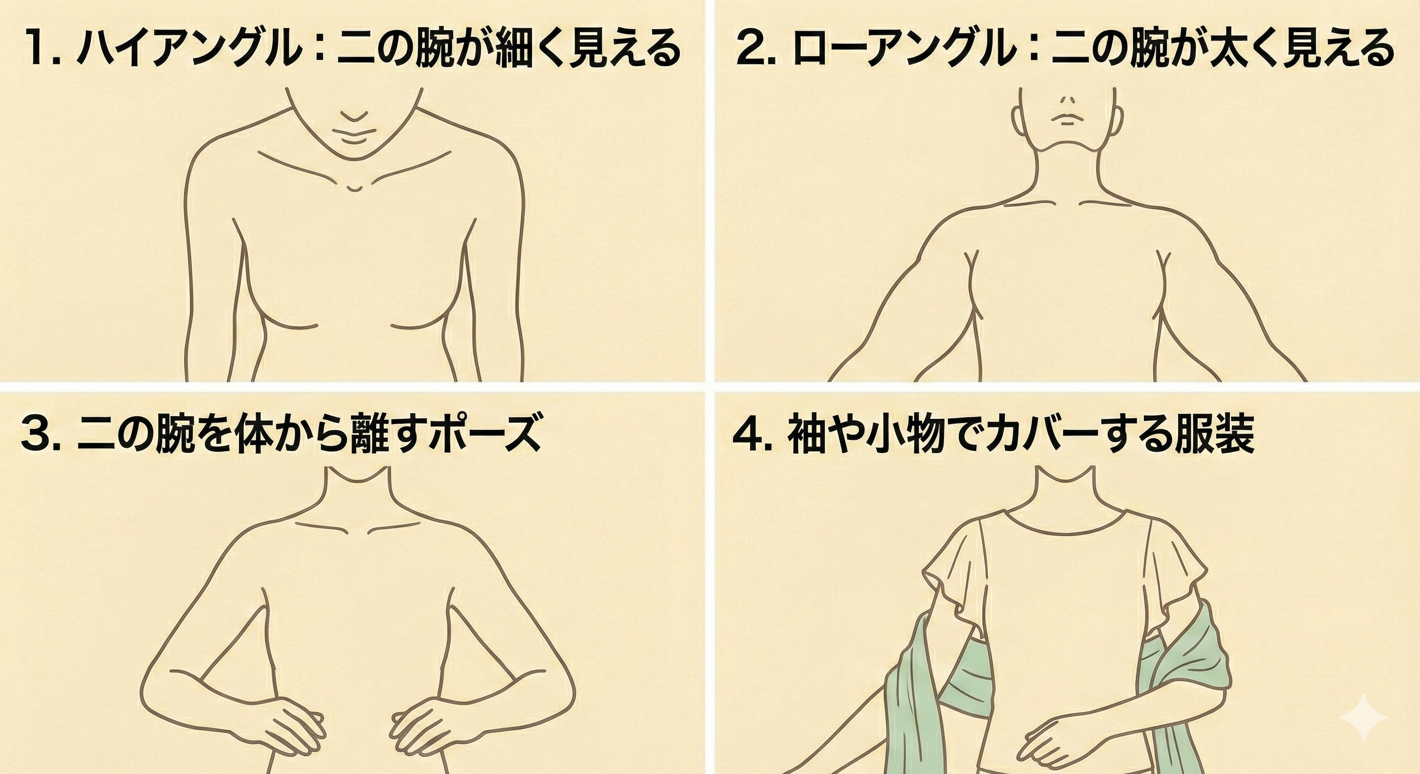 カメラの角度による見え方の違いと、二の腕を隠すテクニック