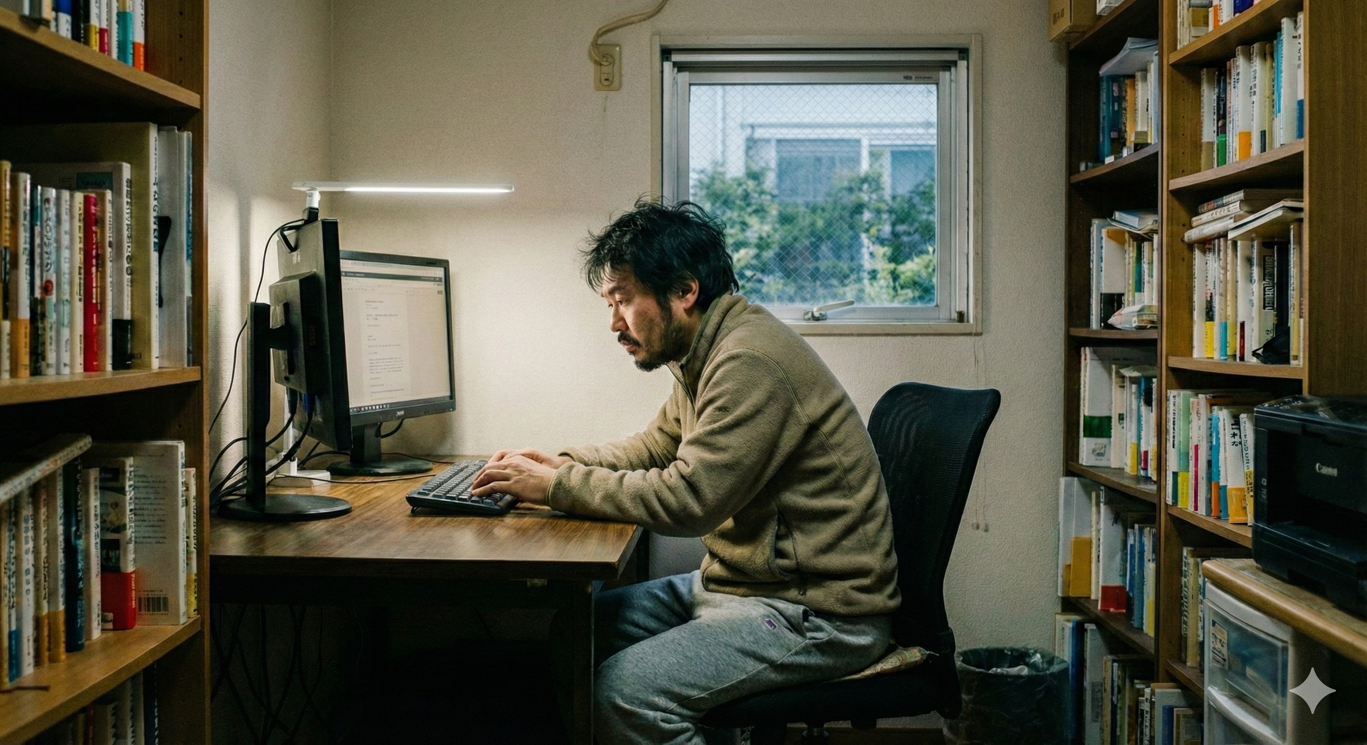 日当たりの悪い部屋で作業する在宅ワーカーと太陽のイメージ