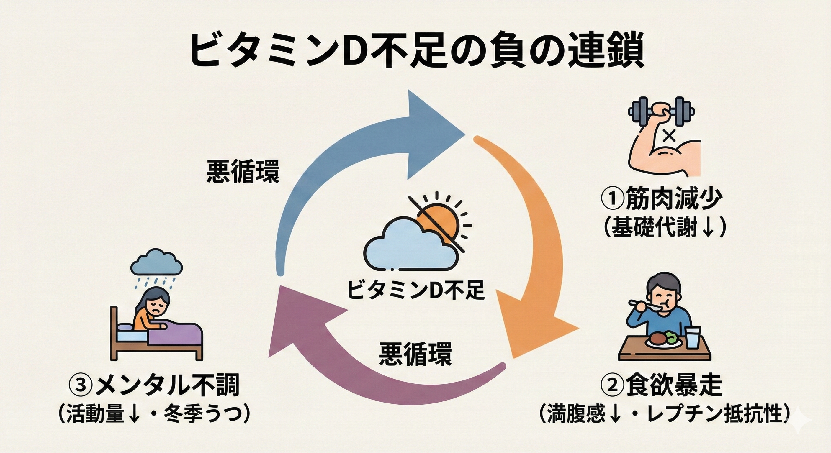 ビタミンD不足による筋肉減少と脂肪蓄積のメカニズム図