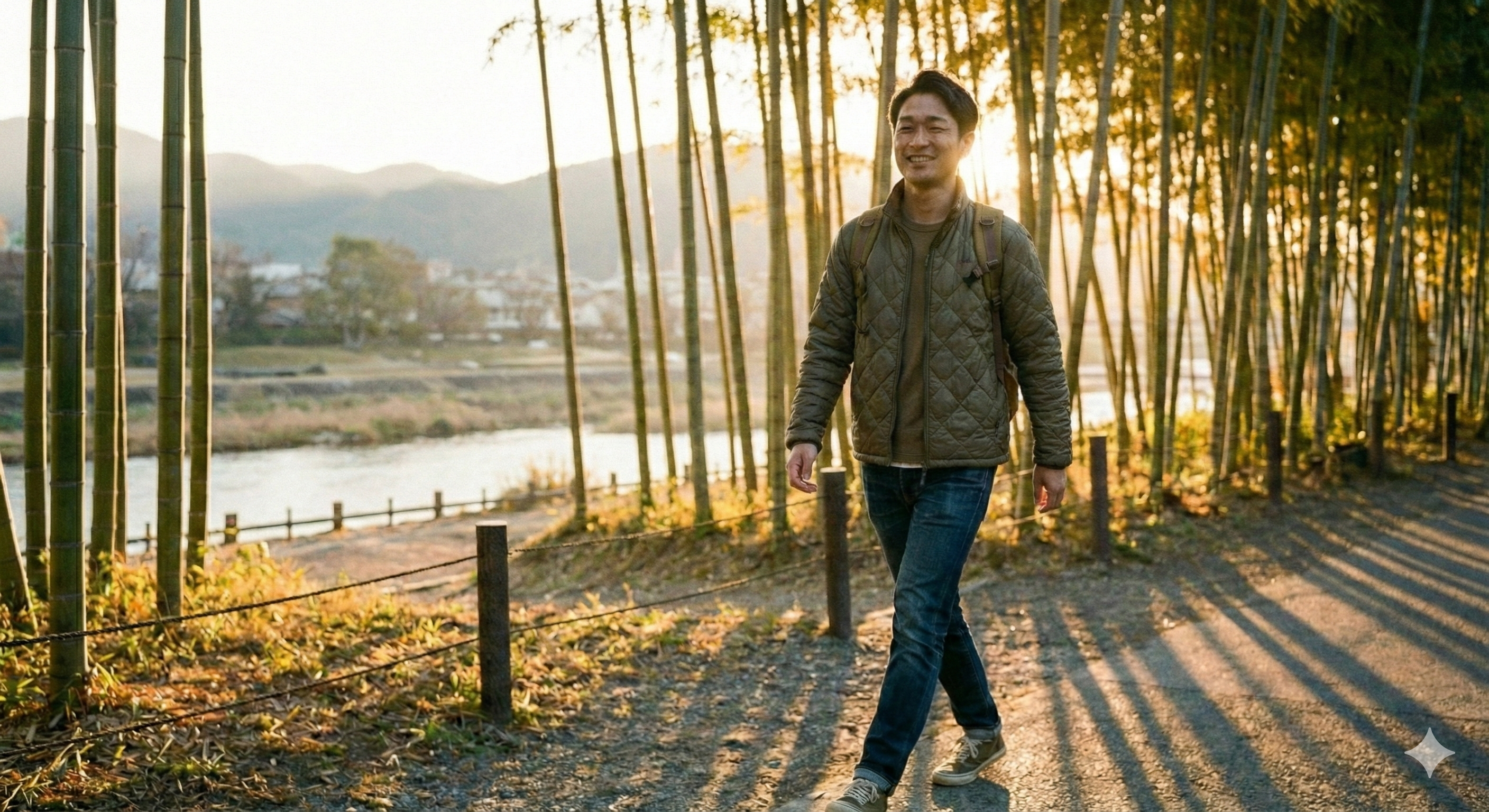 朝の光を浴びながら散歩する在宅ワーカー