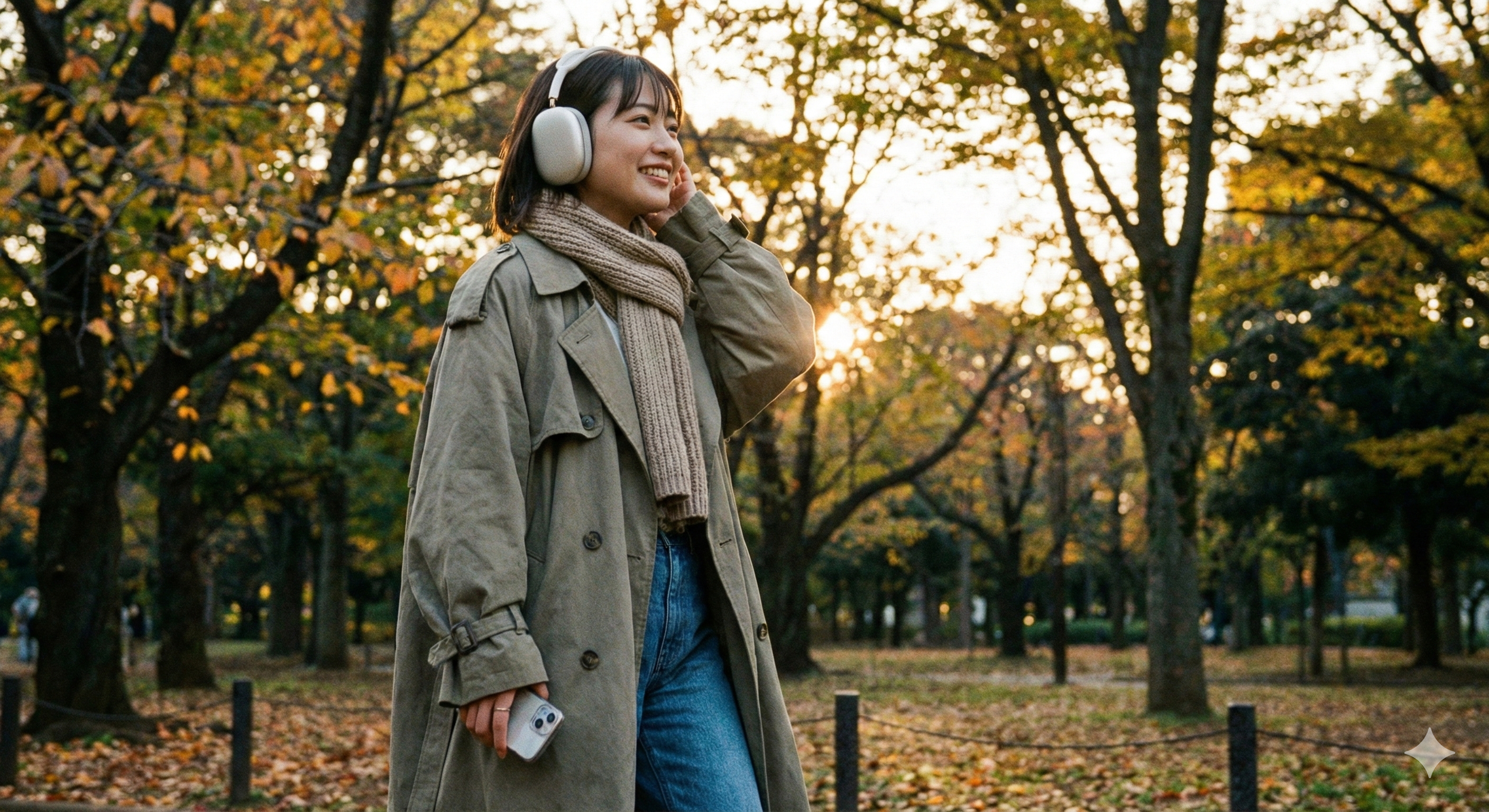 イヤホンをしてオーディオブックを聴きながら歩く様子