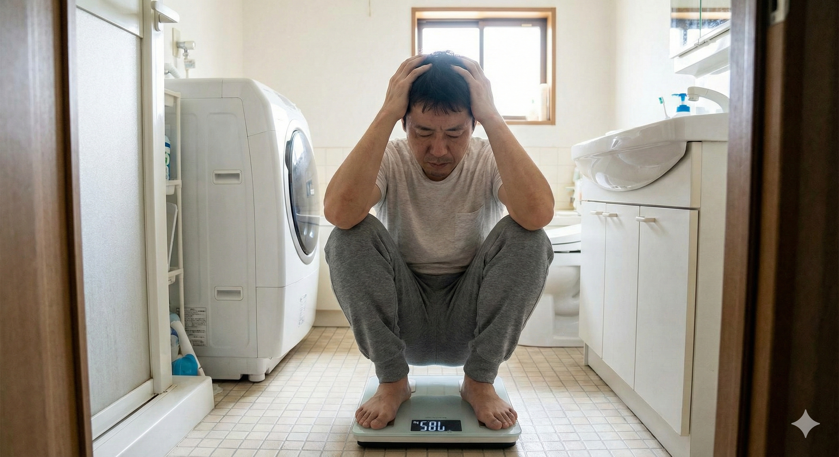 体重計に乗って悩む人と、おにぎりを食べて代謝が上がるイメージ