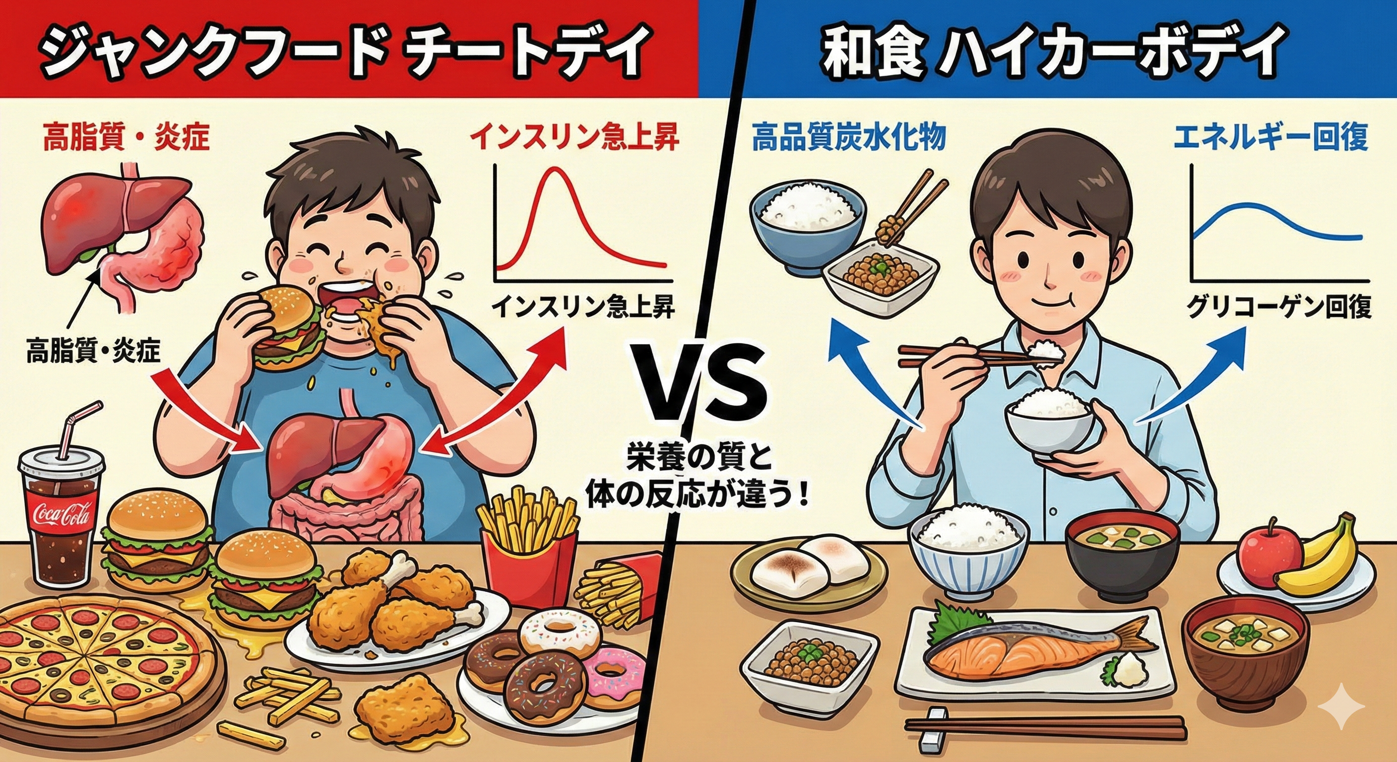 ジャンクフードのチートデイと和食のハイカーボデイの比較