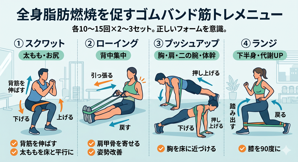 ゴムバンドを使った全身トレーニングの例
