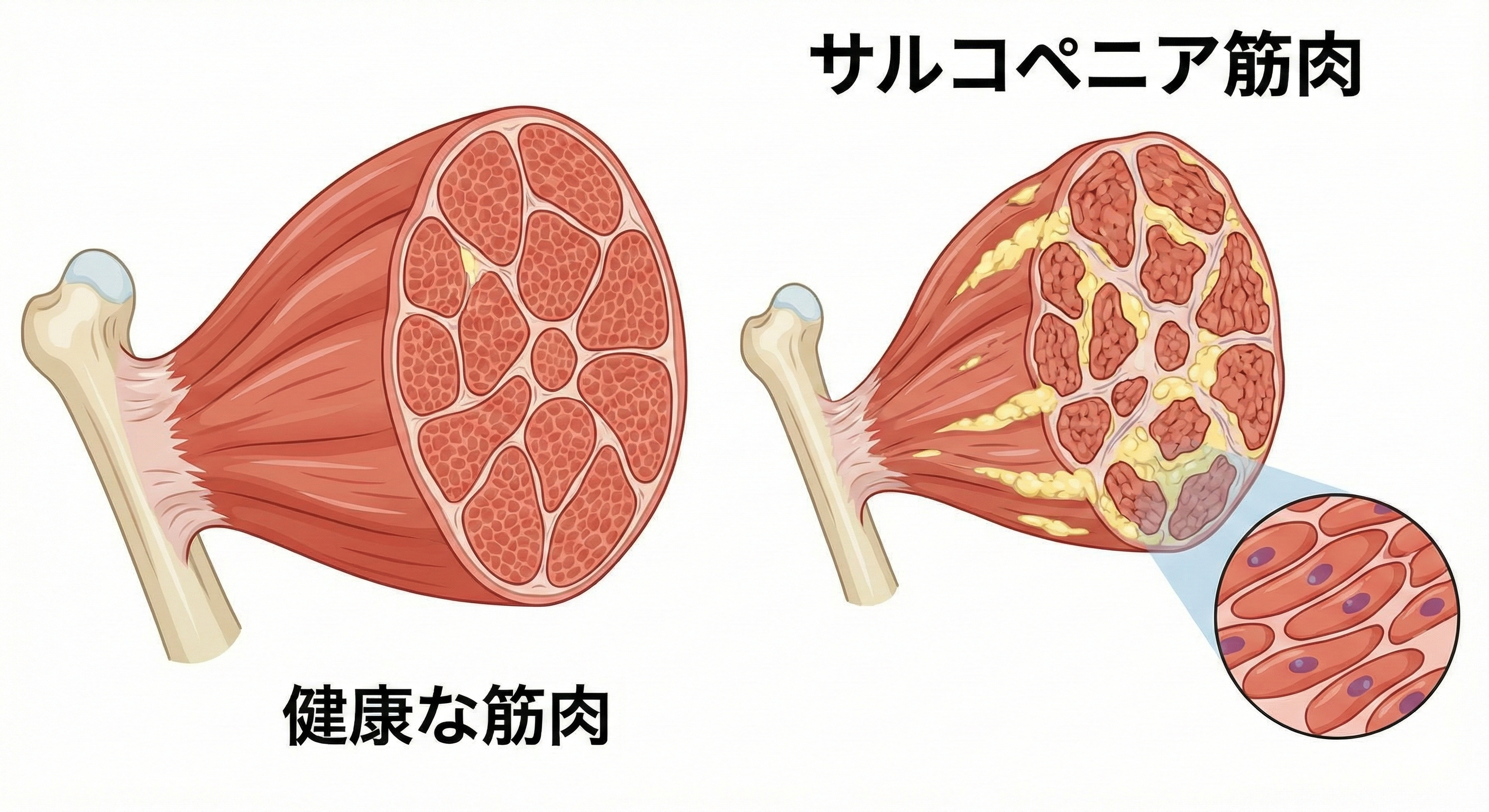 サルコペニアと健康な筋肉の比較図