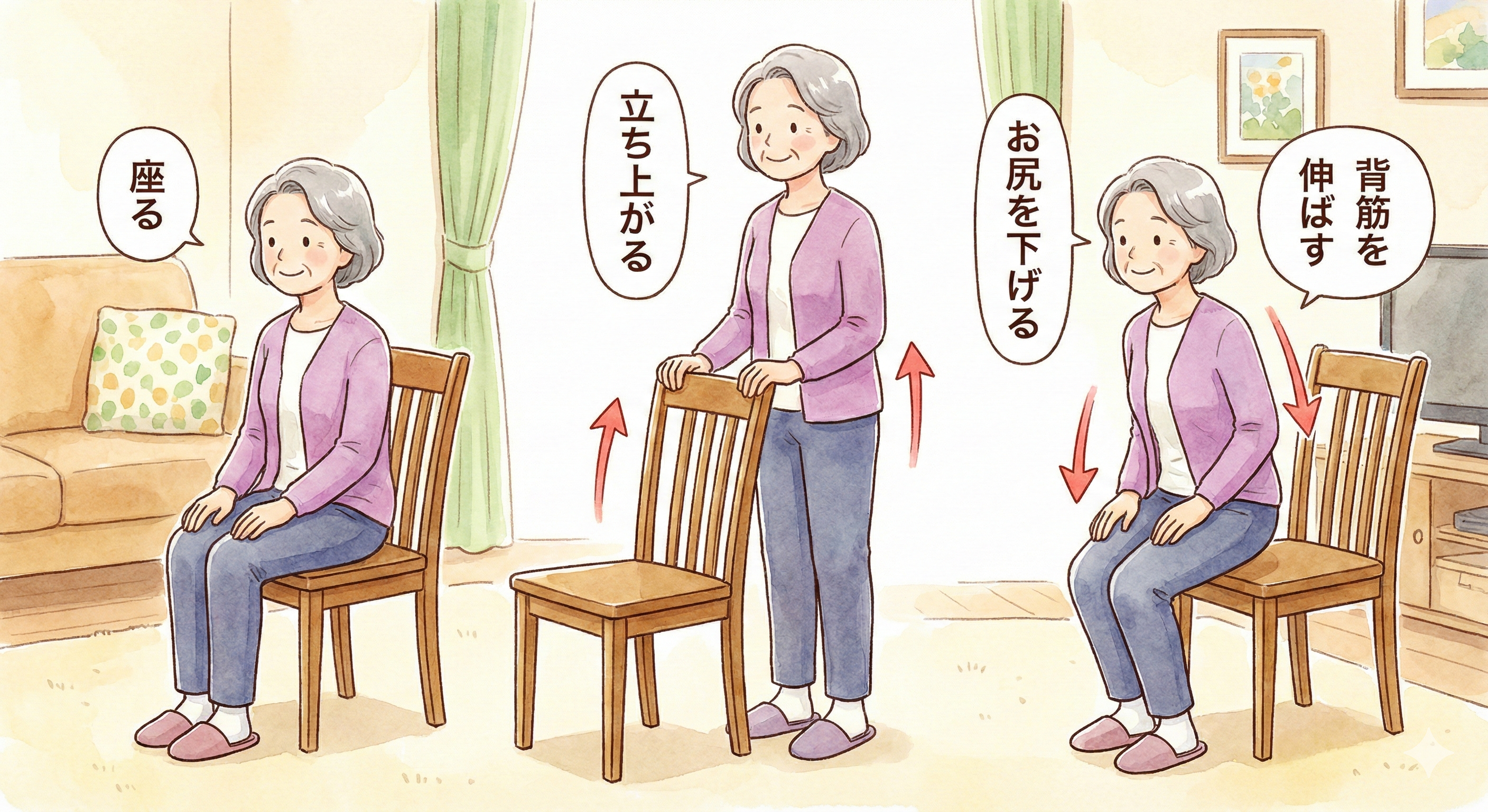 自宅でできる簡単な椅子スクワットのイラスト