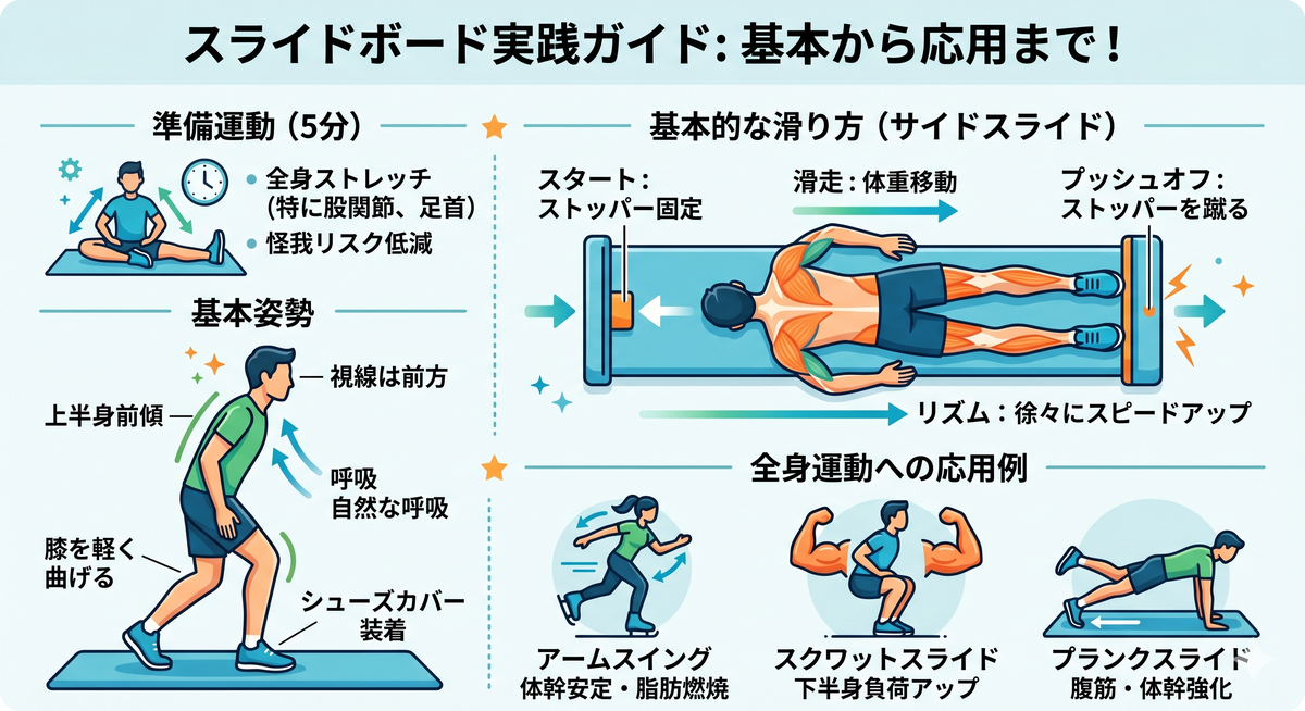 スライドボードで基本の滑走をする人