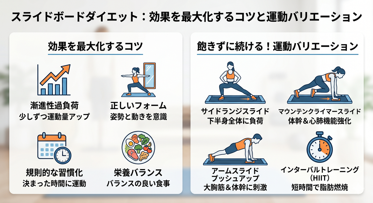スライドボードで様々な運動をする人のイラスト