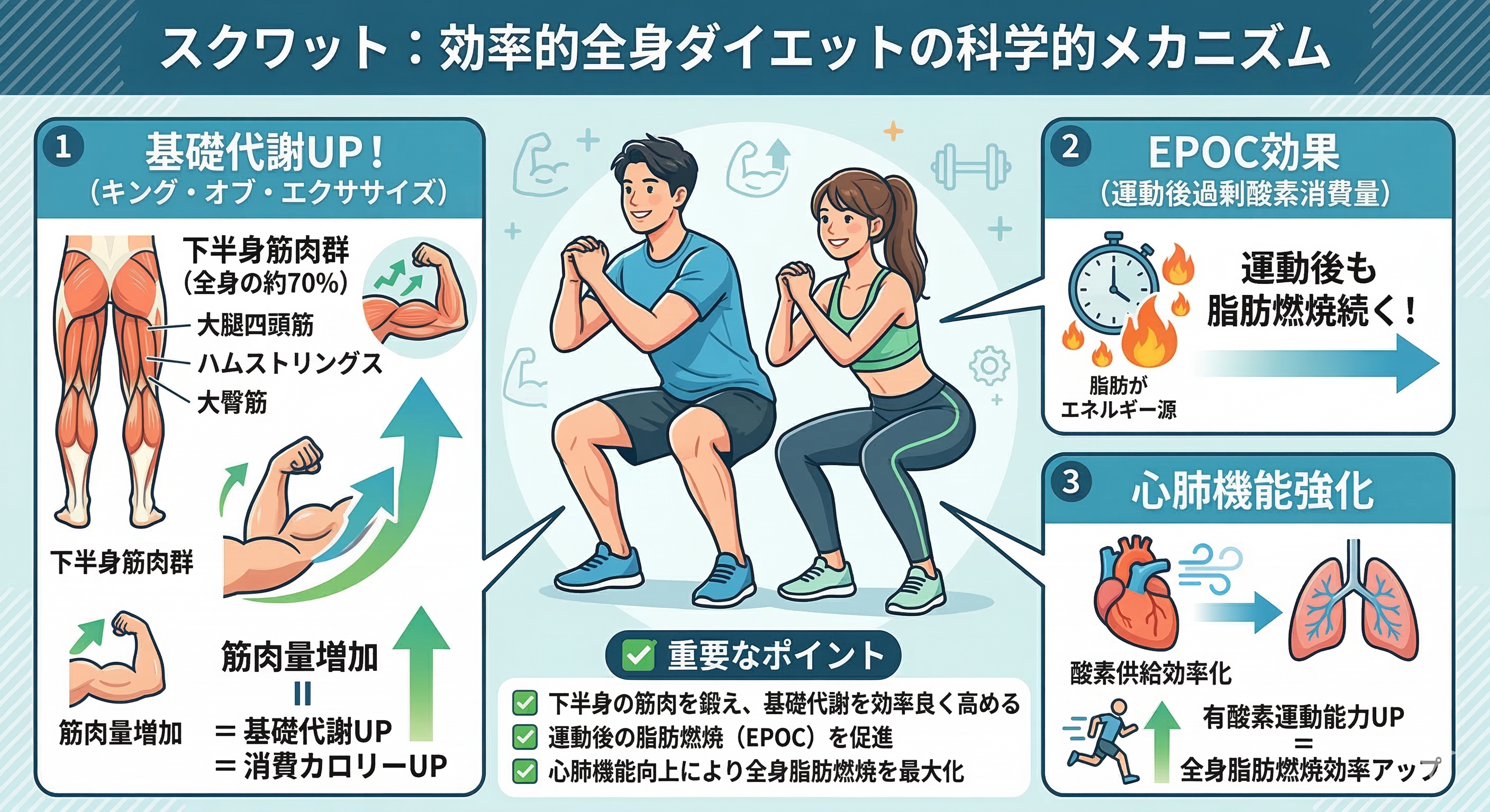 スクワットによる基礎代謝向上メカニズムの図解