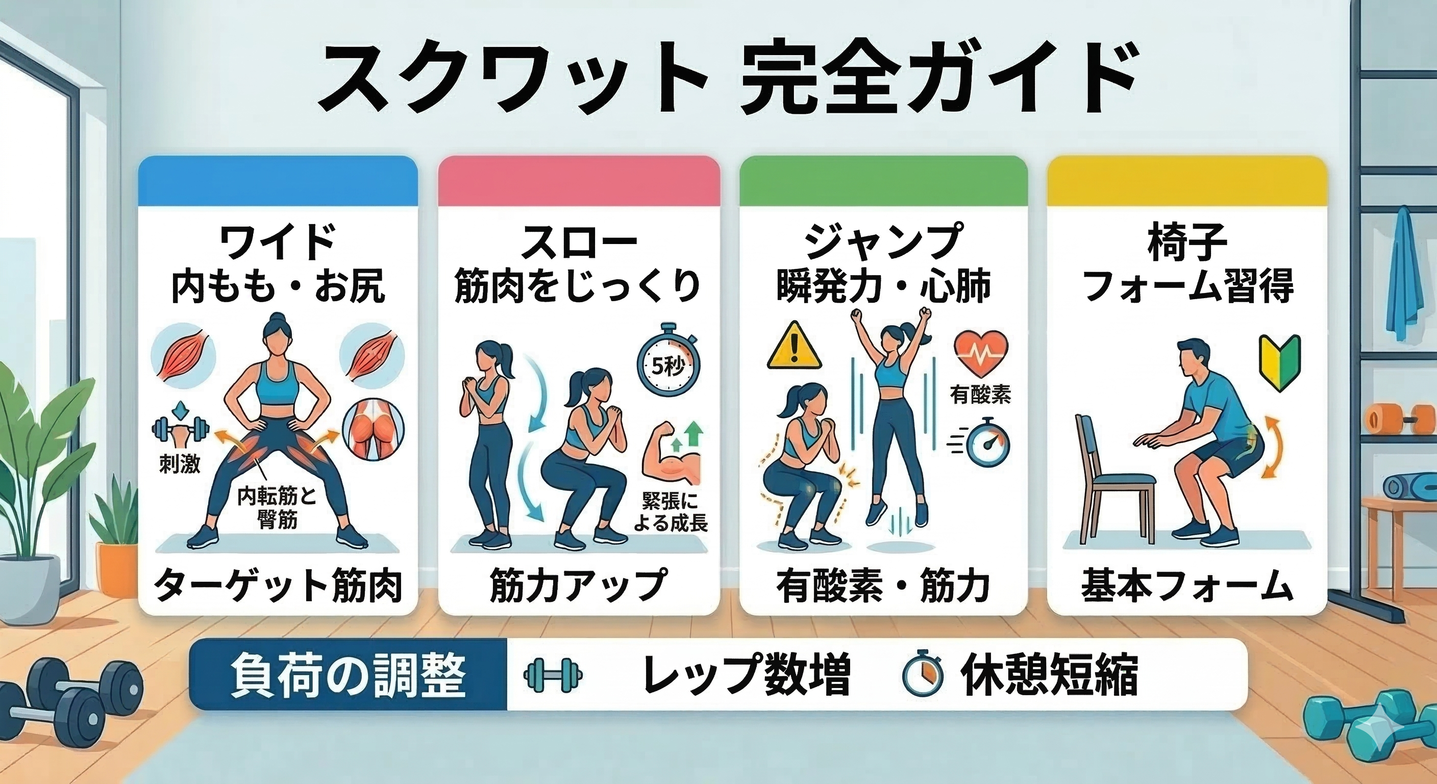 スクワットのアレンジと継続のイメージ