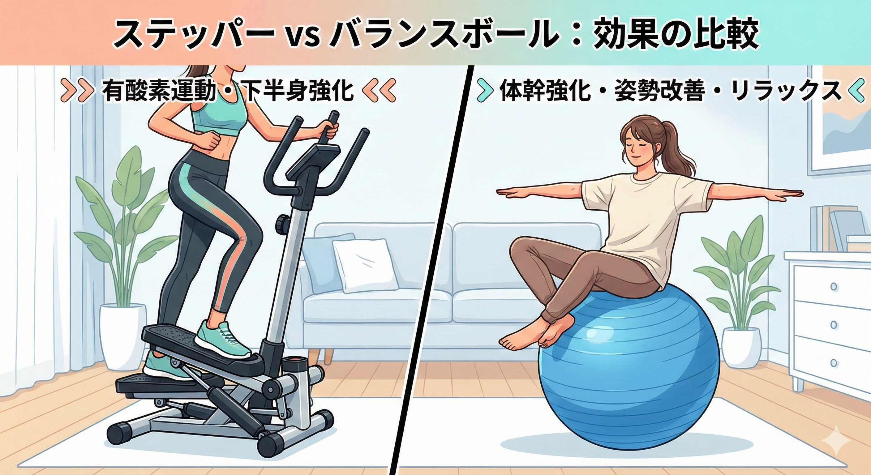 ステッパーとバランスボールを比較するイメージ