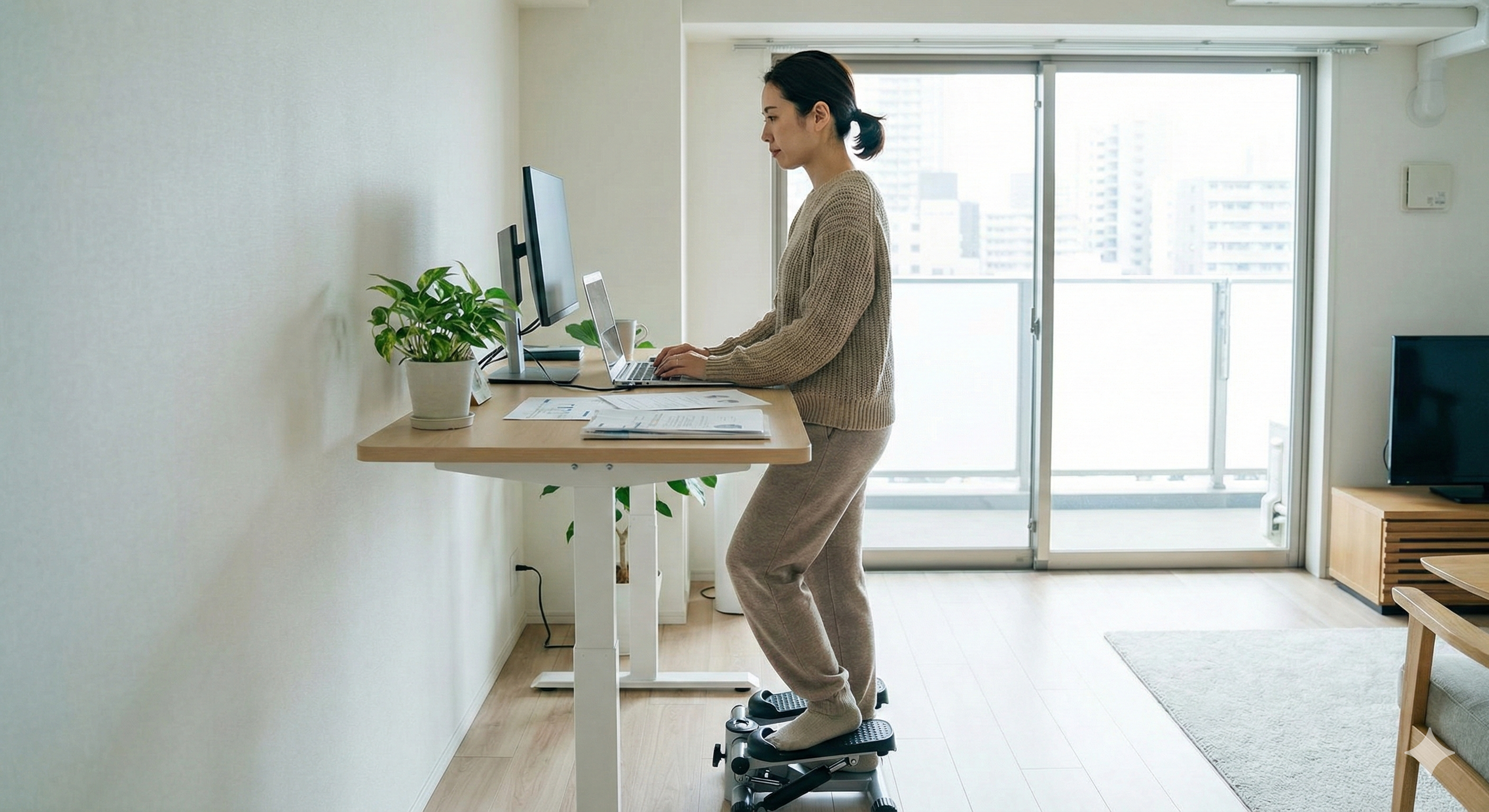 ステッパーを踏みながらPC作業をする様子