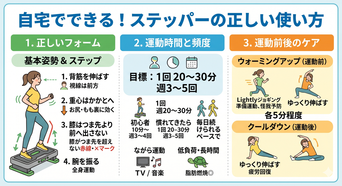 正しいフォームでステッパーを踏む人のイラスト