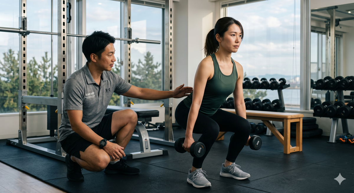 パーソナルトレーナーと筋トレする30代女性